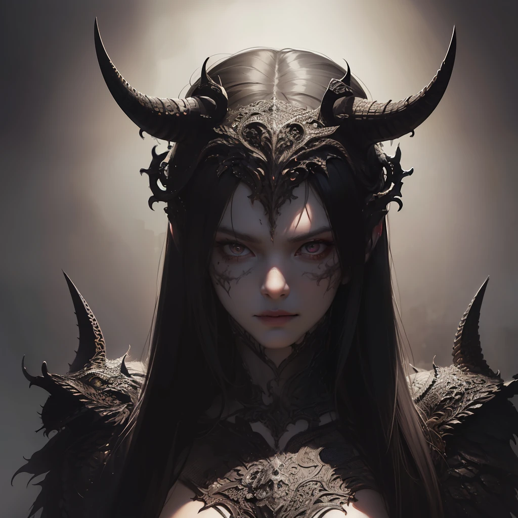 (realistic:1.3), (intricate details:1.15),painting \(artwork\), ((masterpiece,best quality)), ((cinematic light)), satan,hybrid, scary, dark fantasy \(style\), detailed armor,beatiful detailed eyes,