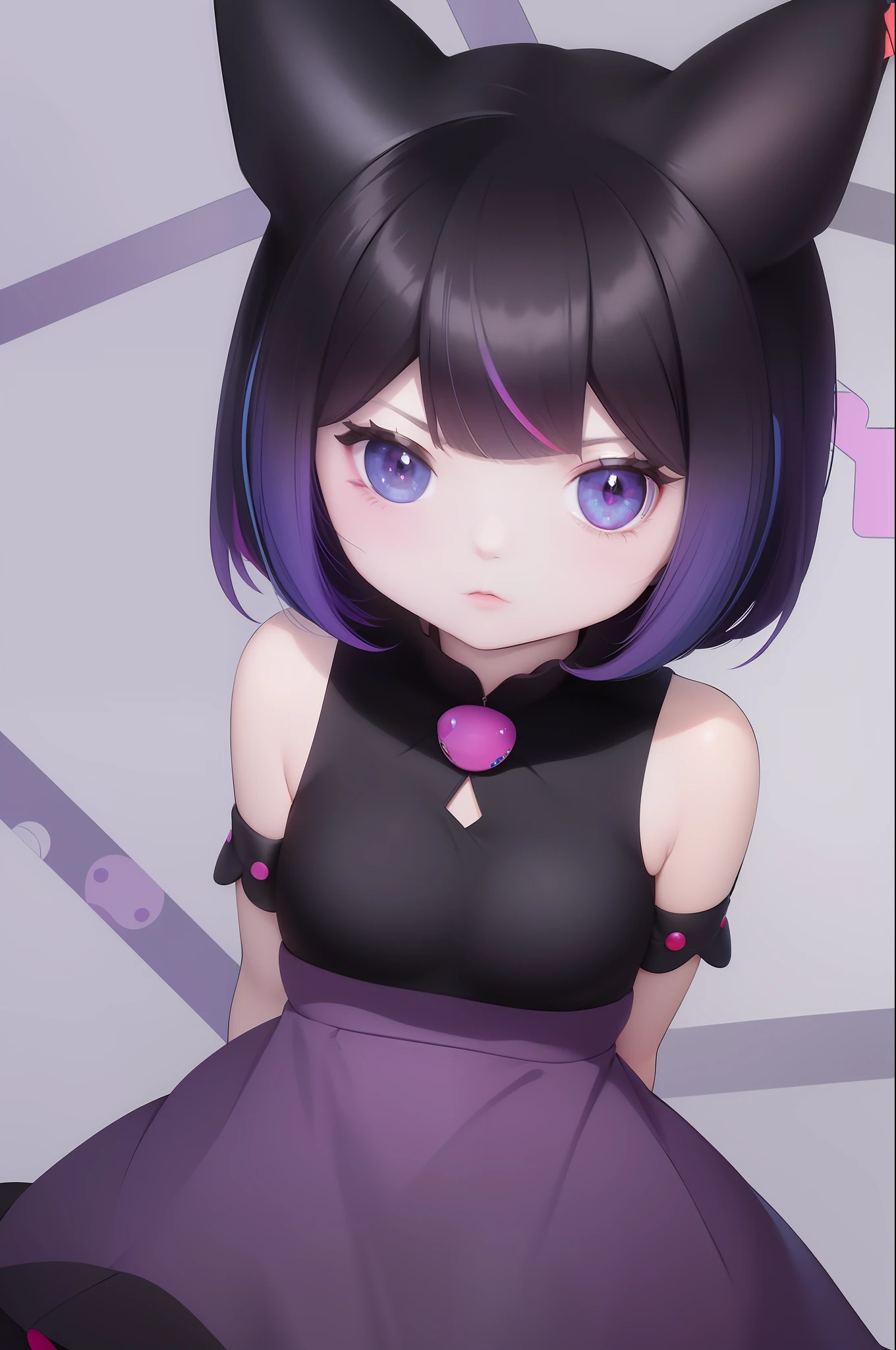 best quality, masterpiece,Black hair, blue eyes, looking up, upper bodysmall breasts, 1girl, solo, purple hair, (multicolored eyes:1.2), black dress, KUROMI, sfw, bob cut