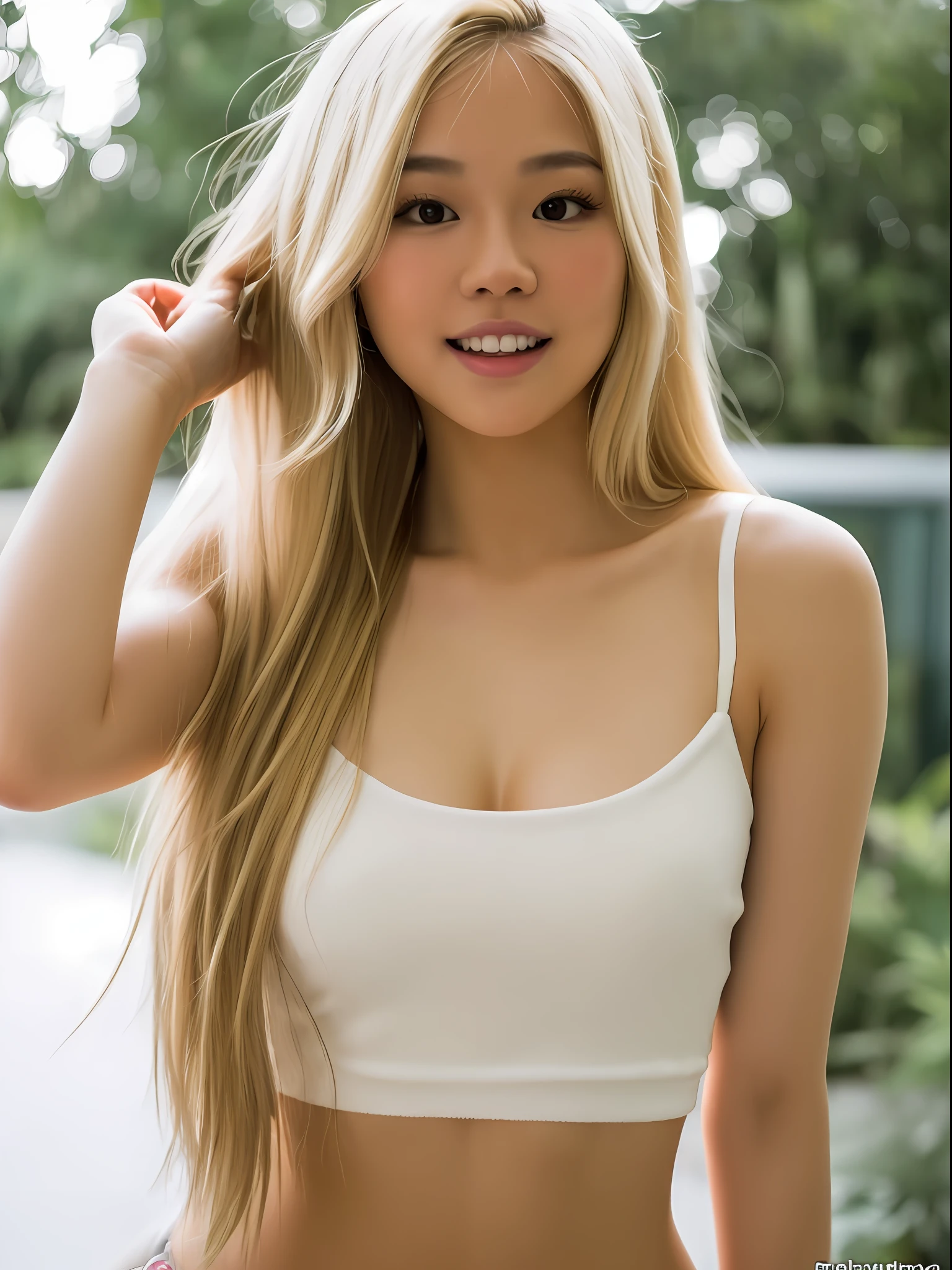 Sexy Thai girl with blond hair and a white top