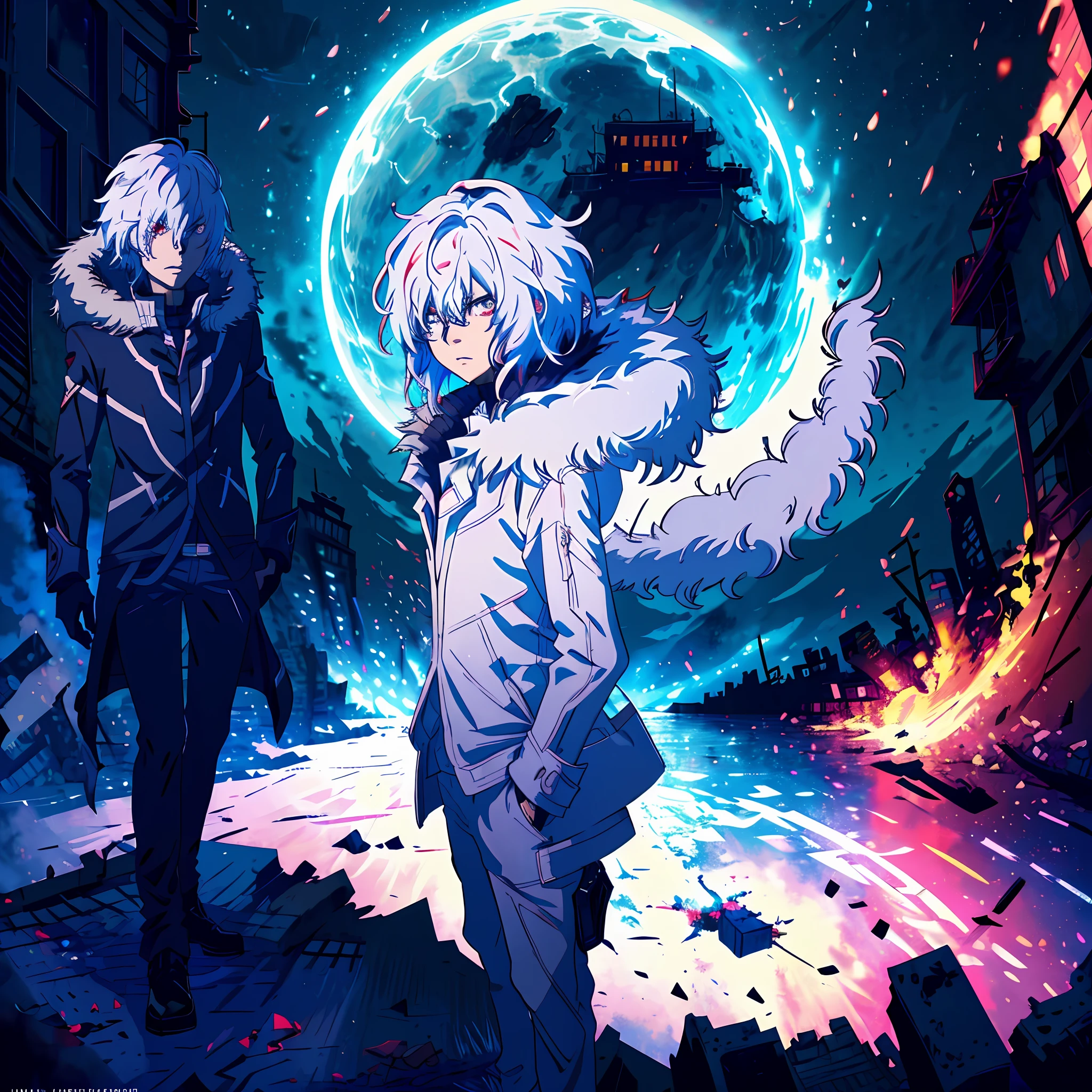 Anime humanoid monster, character design,wearing a fur coat,dark, serious face,boy,messy unkept hair,hair covering right eye, vibrant eye color,red and blue eyes,(white hair), close up shot, creating a crack in reality, powerful aura, destroyed city, very dark,night,8k,64k, HD, unparalleled masterpiece, dynamic lighting, cinematic, epic Highest quality digital art, Stunning art, wallpaper 4k, ultra hyper detailed, highest resolution