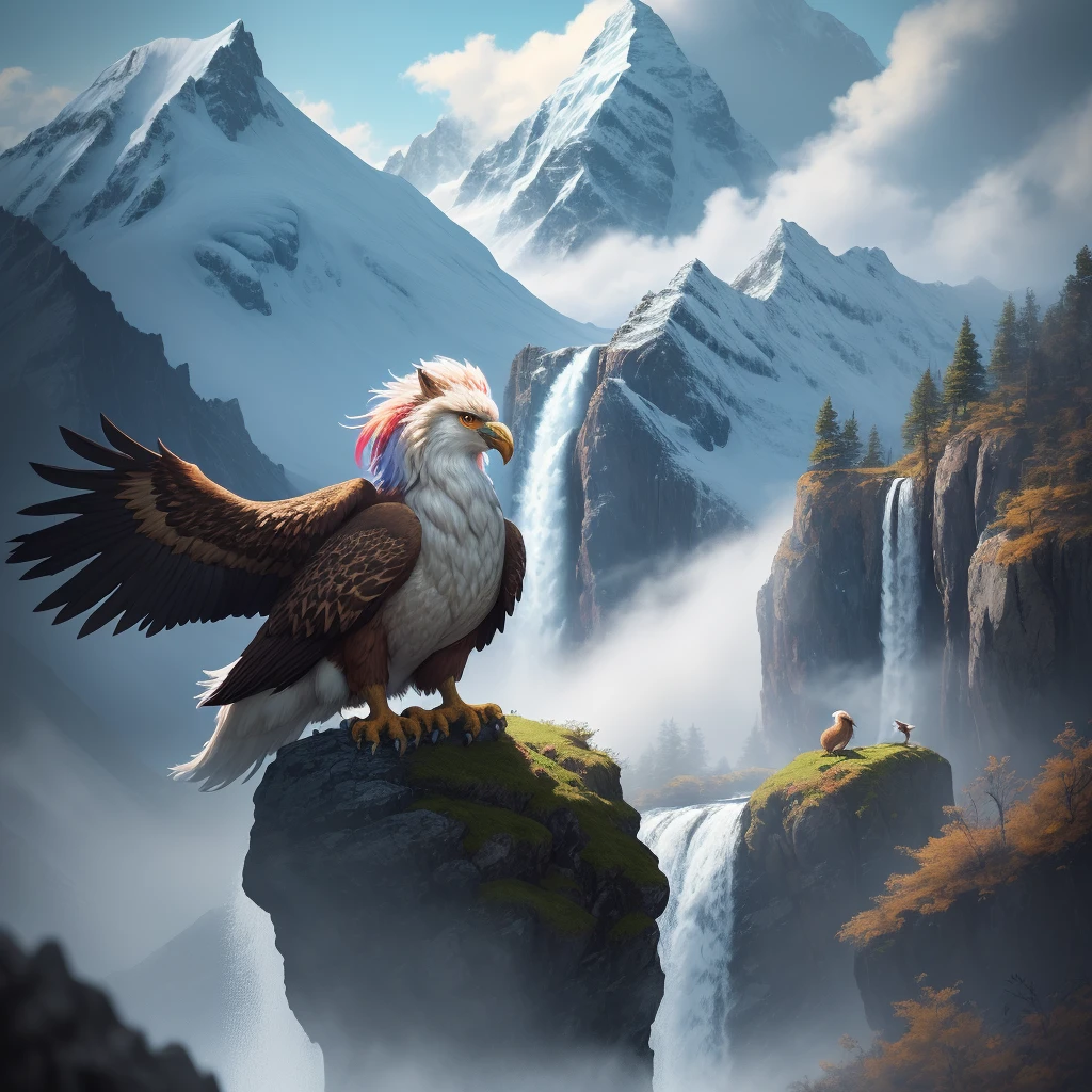 Griffin, in a safe pose, high mountain, waterfall, many colors, 8k quality, cinematic focus
