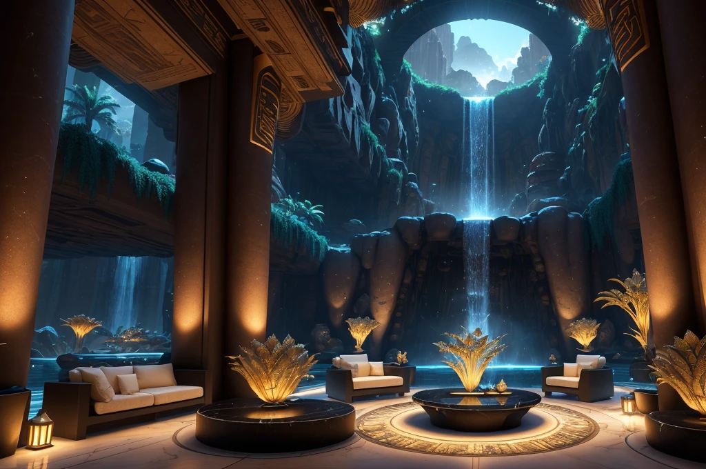 incredible luxurious futuristic interior in Ancient Egyptian style with many lush plants (lotus flowers:1.5, palm trees:2, rocky walls, sand:1.5, waterfalls:1.2) marble, precious minerals: 2, metals, gemstones, crystals, clouds and water, (futuristic luxury furniture), crocodiles, hieroglyphics: 1.5, ultra luxury:2, black marble – with beautiful lights:1.5, Unreal Engine, HQ, 16k