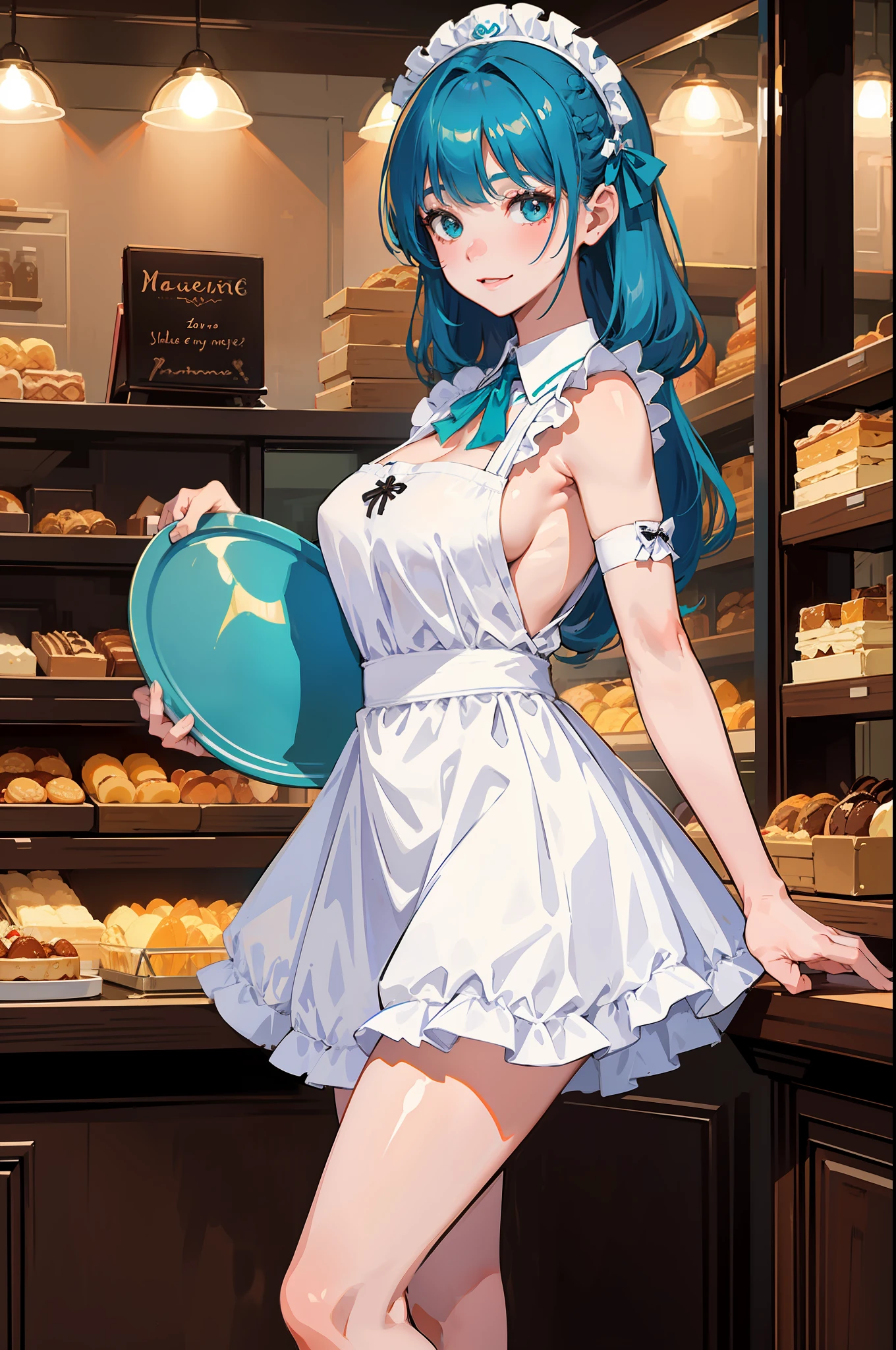 Professional shot, cute young woman, slender body, medium-sized round breasts, European face, ((turquoise hair)), white apron, black maid uniform, holding a tray with cake, standing near the bar counter, bakery background, Adobe Lightroom, {evil smiling face},