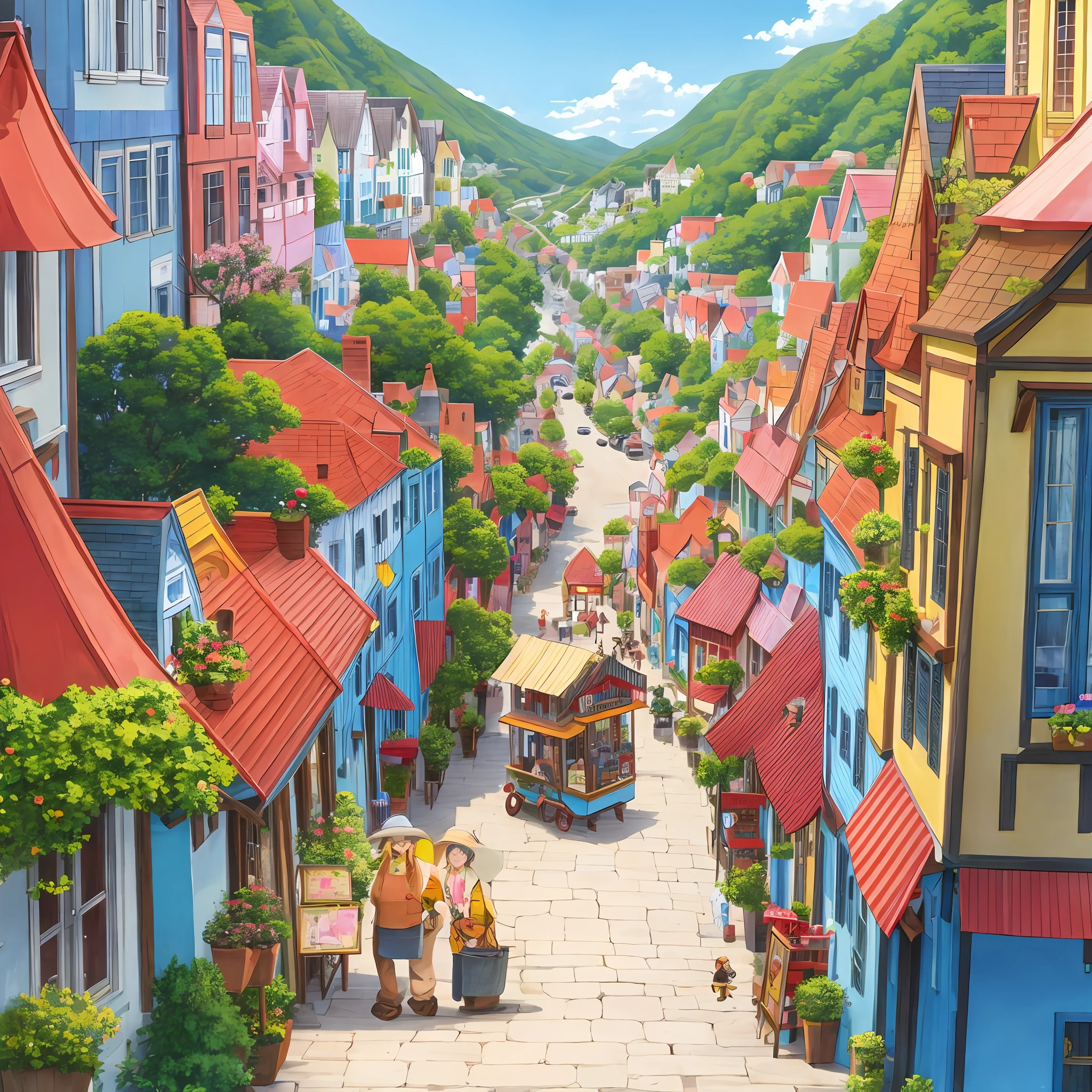 A vibrant scene depicting the bustling town of Flavourville during the day, showing a mix of quaint houses and shops. The town is filled with diverse townsfolk engaged in various activities, all in a lively, warm color palette.