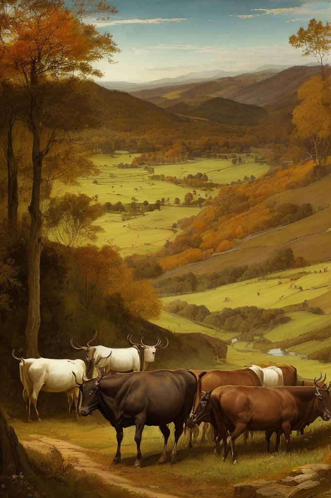 ((Pre-Raphaelite painting))) oxen and plough in a field, planting, autumnal tones bucolic scene, Renaissance painting, high definition, domestic ox