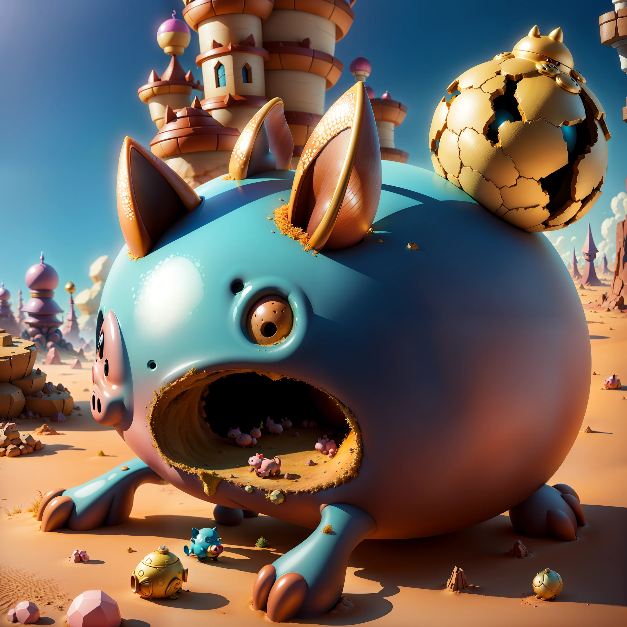 anthill shaped like a very sad looking broken piggy bank with just dust inside, fantasy style