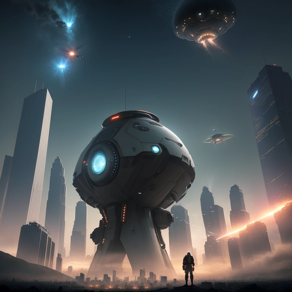 Create an image depicting an alien invasion on Earth. Show a massive spaceship hovering menacingly over a city skyline, with bright lights illuminating the darkness. Alien aircraft and drones swarm the skies, firing energy beams and causing destruction. People on the ground are seen fleeing in panic, while brave individuals stand their ground, armed with futuristic weapons, attempting to defend against the extraterrestrial threat. Capture the chaos and intensity of the invasion, highlighting both the terror and resilience of humanity in the face of this otherworldly menace.