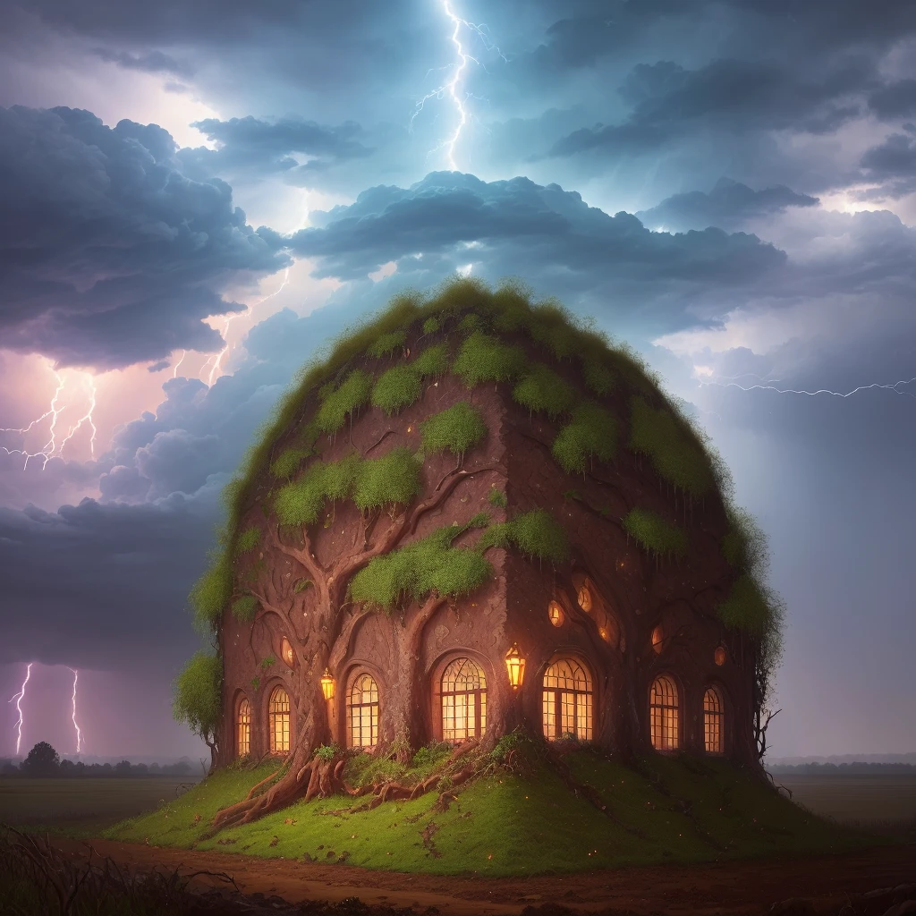 (masterpiece:1.2), (best quality:1.2), anthill, thunderstorm, lightning glowing, clouds, bad weather, terrible weather