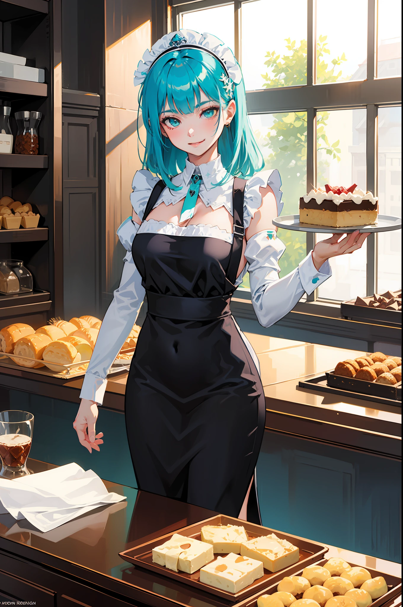 {evil smile},professional shot, cute young woman, slender body, medium round breasts, European face, ((turquoise hair)), white apron, black maid uniform, holding a tray with cake, standing near the bar counter, bakery background, Adobe Lightroom,{evil smile},