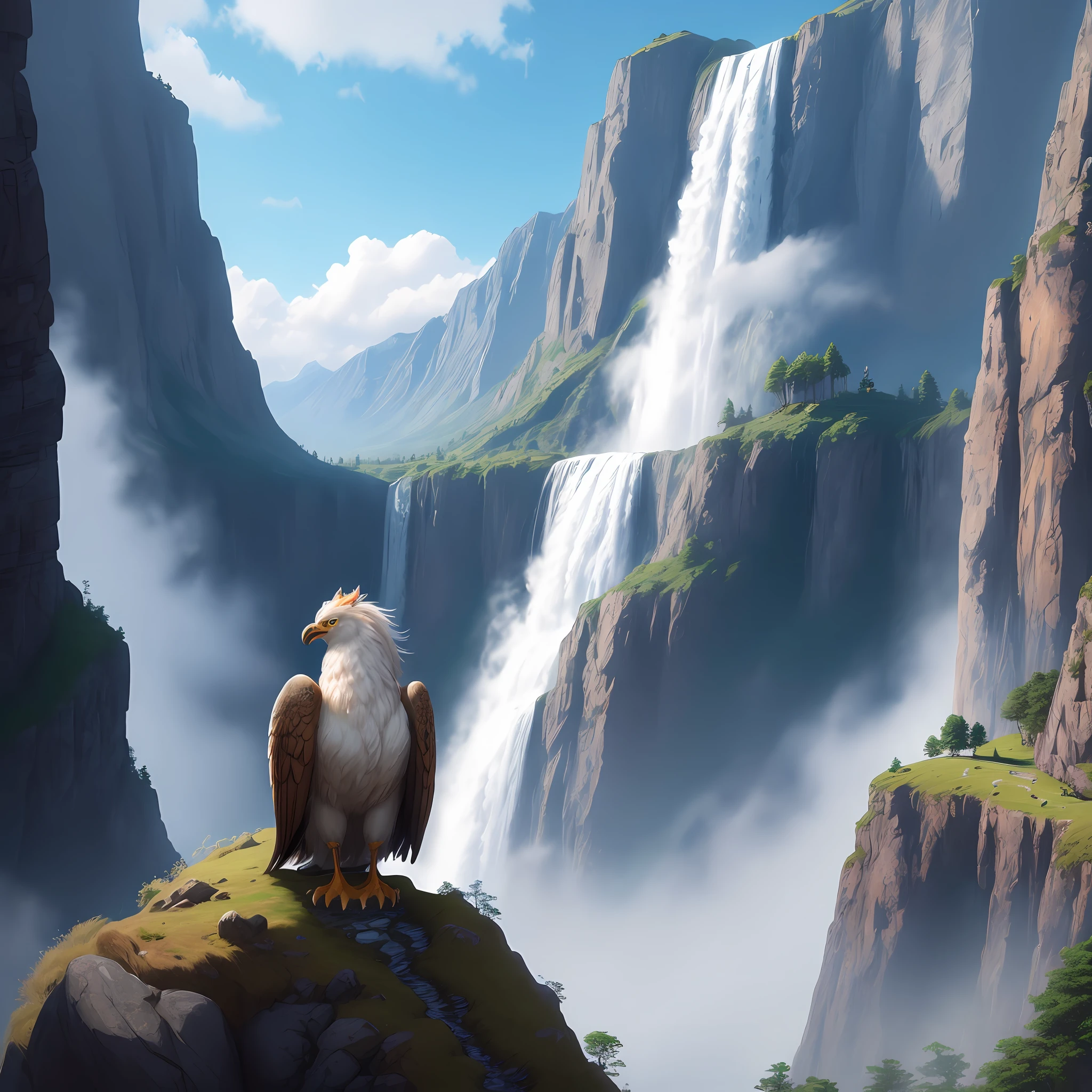 Griffin on top of a mountain, waterfall in landscape, many vivid colors, 8k quality, cinematic focus