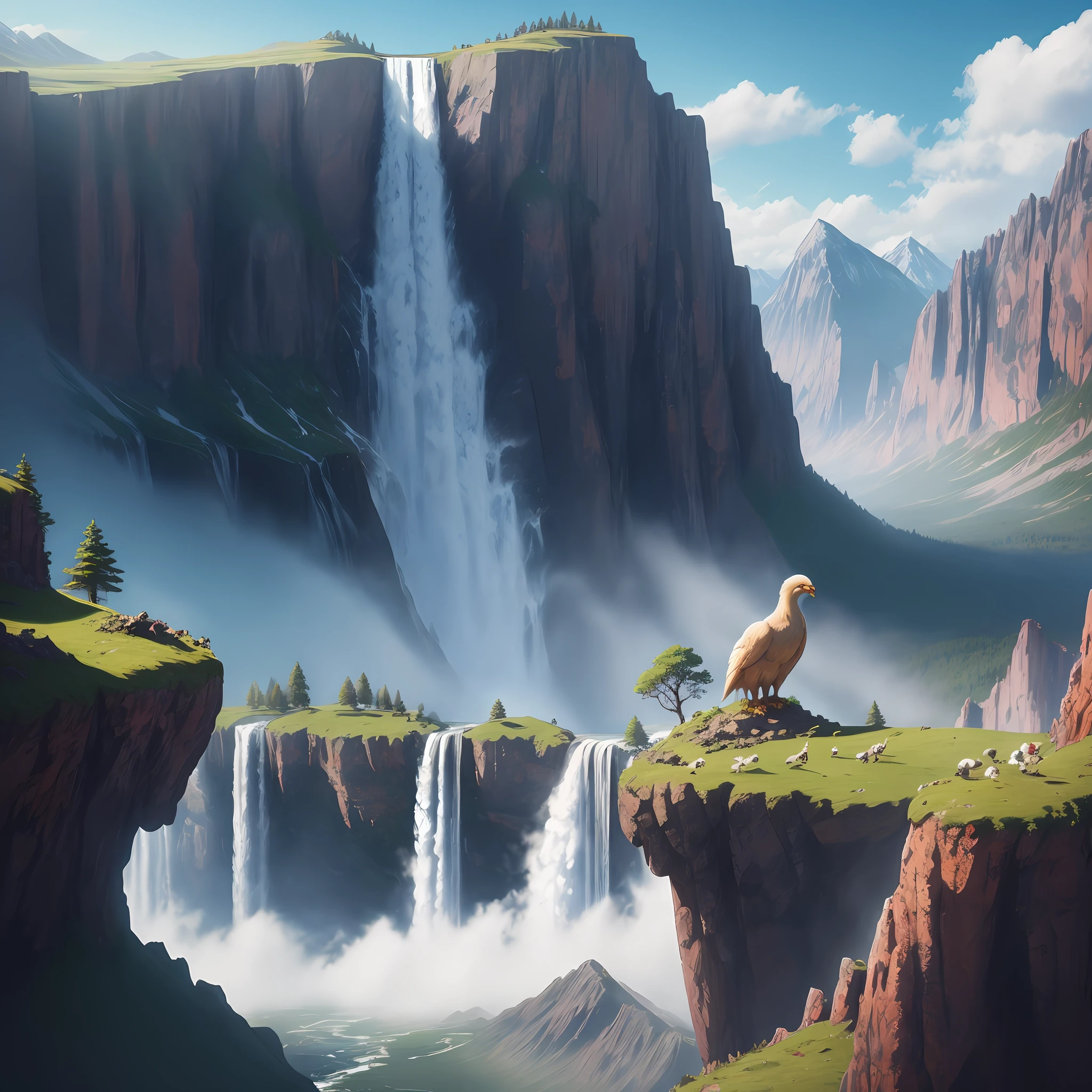 Griffin on top of a mountain, waterfall in landscape, many vivid colors, 8k quality, cinematic focus