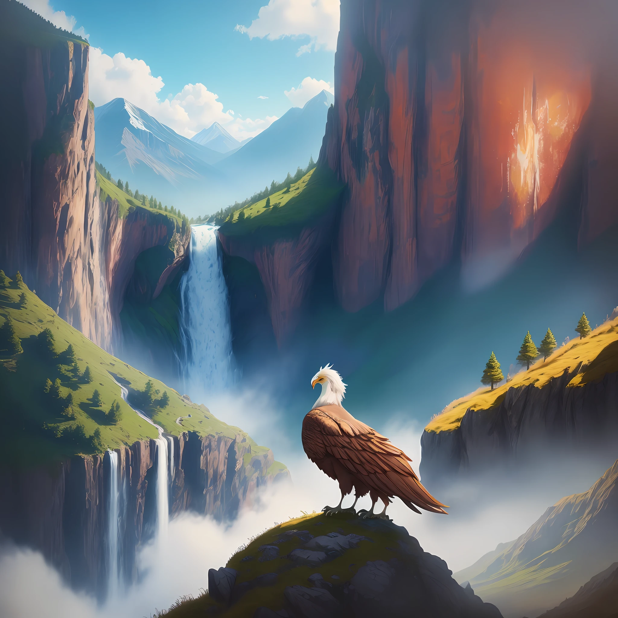 Griffin on top of a mountain, waterfall in landscape, many vivid colors, 8k quality, cinematic focus