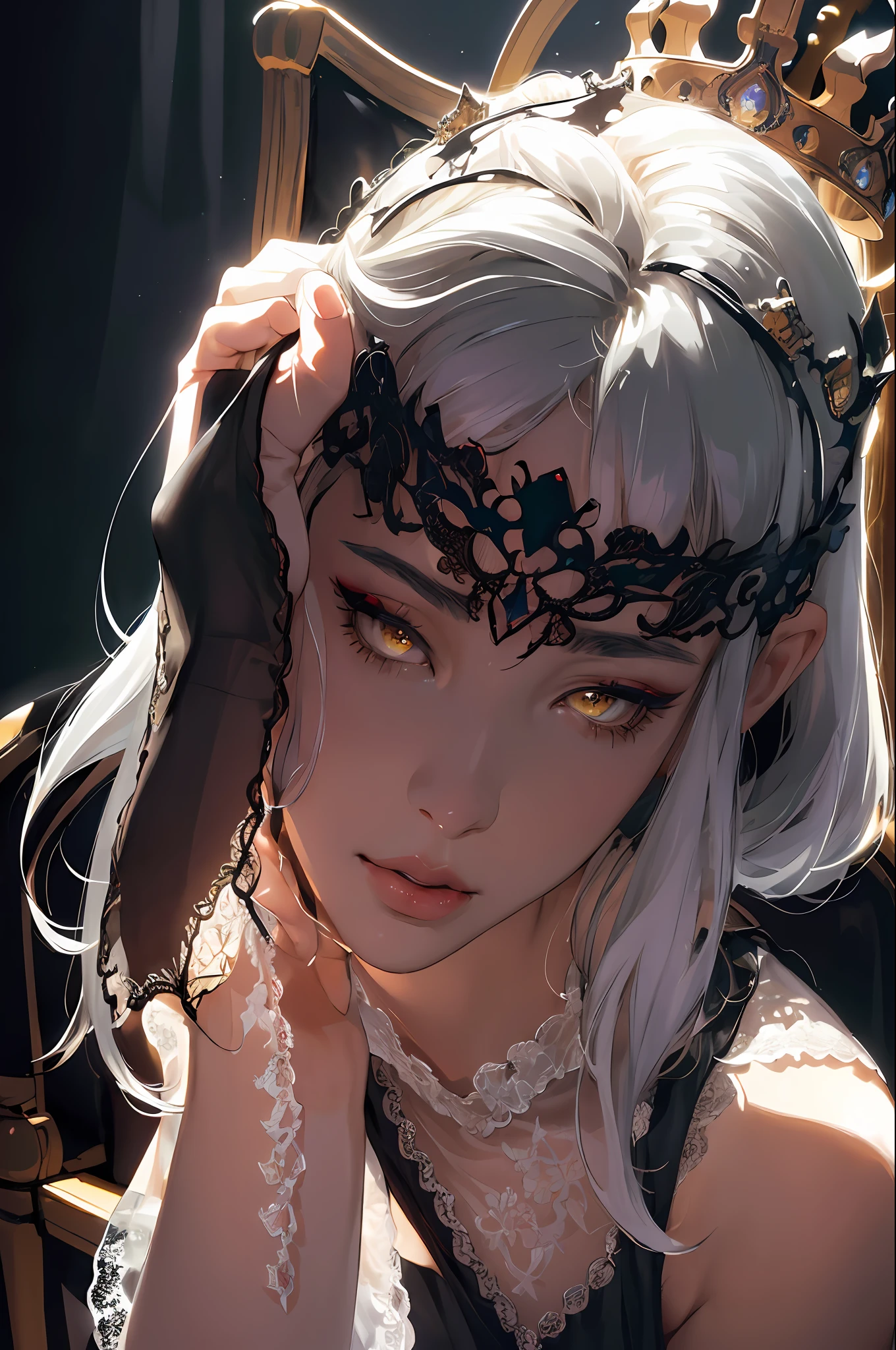 (Masterpiece:1.2), best quality, (illustration:1.2), (ultra-detailed), hyper details, (delicate detailed),(focus on panties), face focus, black lace panties,slightly spread legs,lace stockings, perky, (intricate details), (cinematic light, best quality Backlights), clear line, from below, solo female, perfect body, (1girl), white hair, glowing yellow eyes, (emperor, black see-through clothes),(crown:1.1), sitting on Throne, slightly close eyes, looking downward, turn head, ( shy:1.2), ((makeup)), high contrast, (best illumination, an extremely delicate and beautiful), ((cinematic light)), colorful,