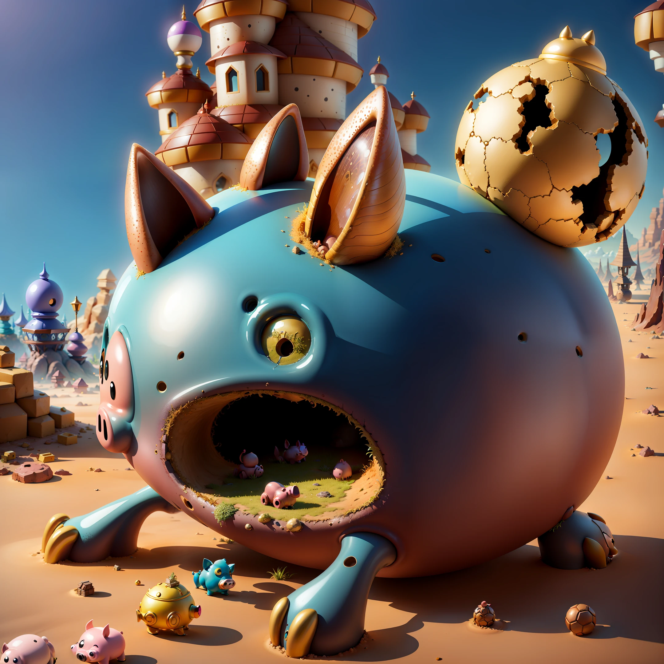 anthill shaped like a very sad looking broken piggy bank with just dust inside, fantasy style