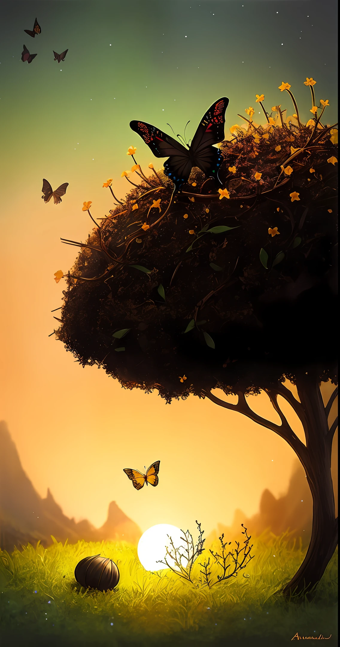 anthill with thorns and glowing black butterfly, fantasy, art