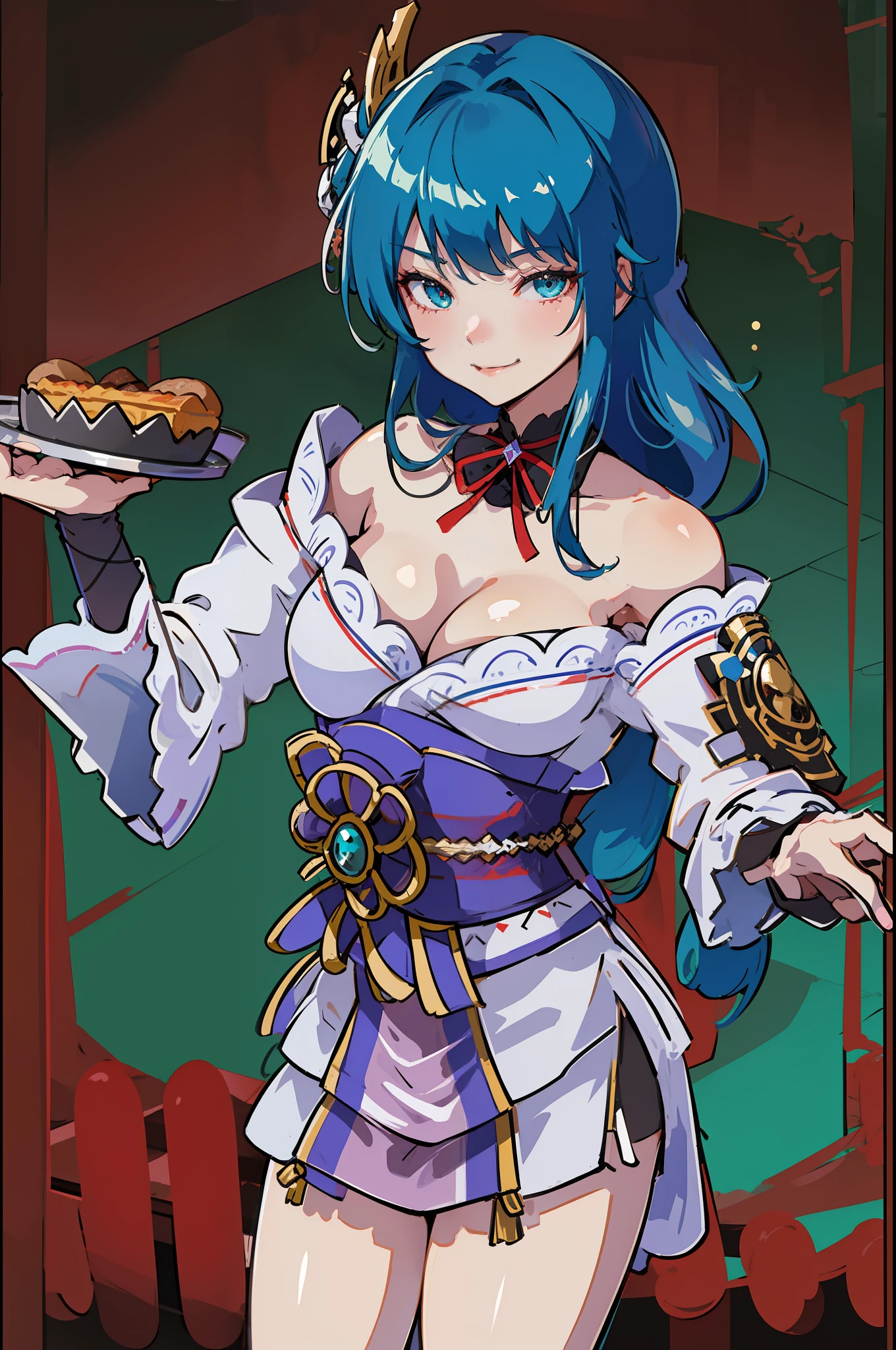 {evil smile},professional shot, cute young woman, slender body, medium round breasts, European face, ((turquoise hair)), white apron, black maid uniform, holding a tray with cake, standing near the bar counter, bakery background, Adobe Lightroom,{evil smile},