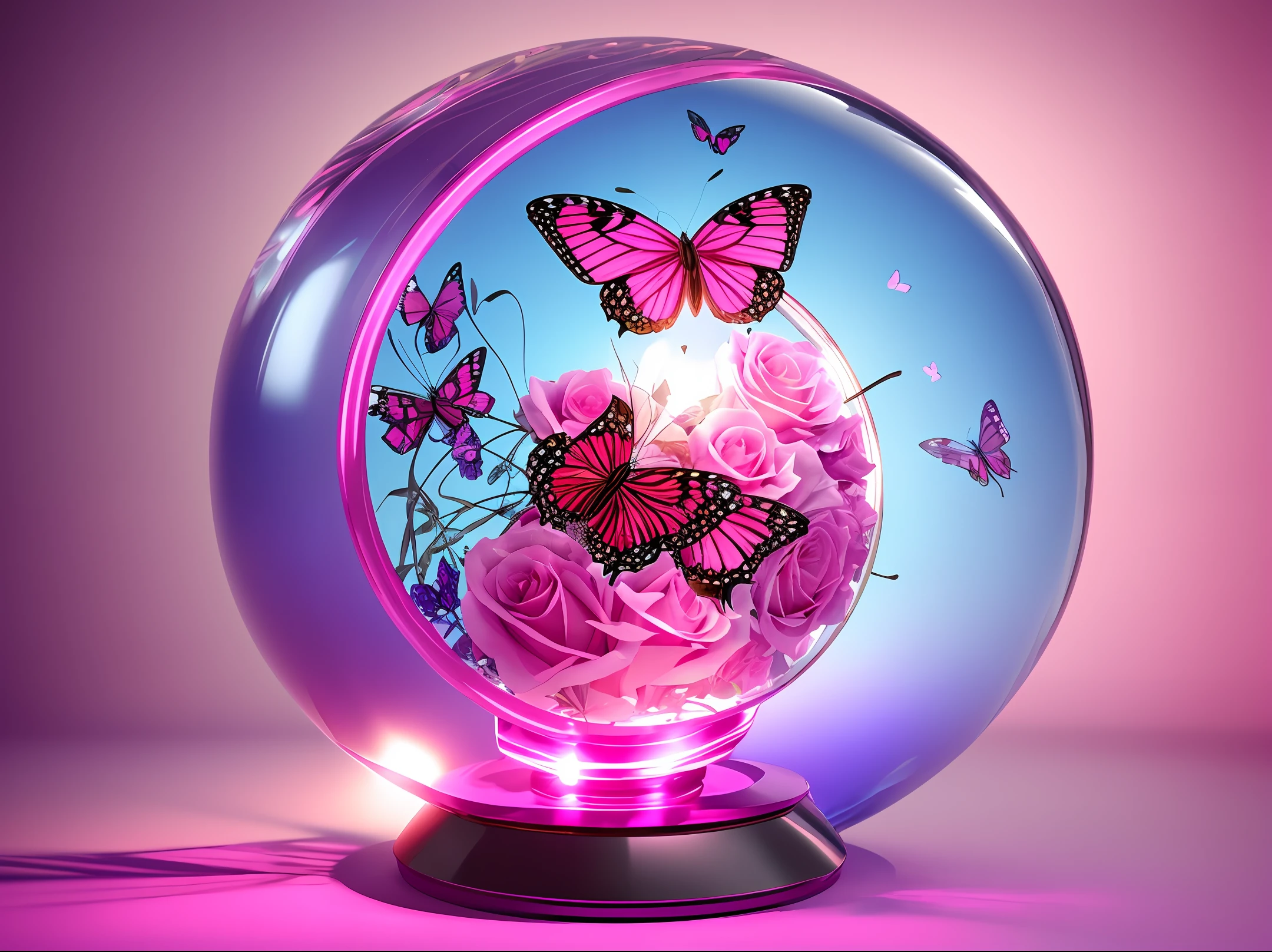 valentines day there is a glass ball with a butterfly inside it, rose in jar, pink lighting, represented as a 3d render, butterfly harmony, photo of a mechanical butterfly, bright butterflies, bright pink butterflies, complex metamorphosis 3d render, rendered illustration, mechanical butterfly, beautiful composition 3 - d 4 k, rose and sun rays, roses