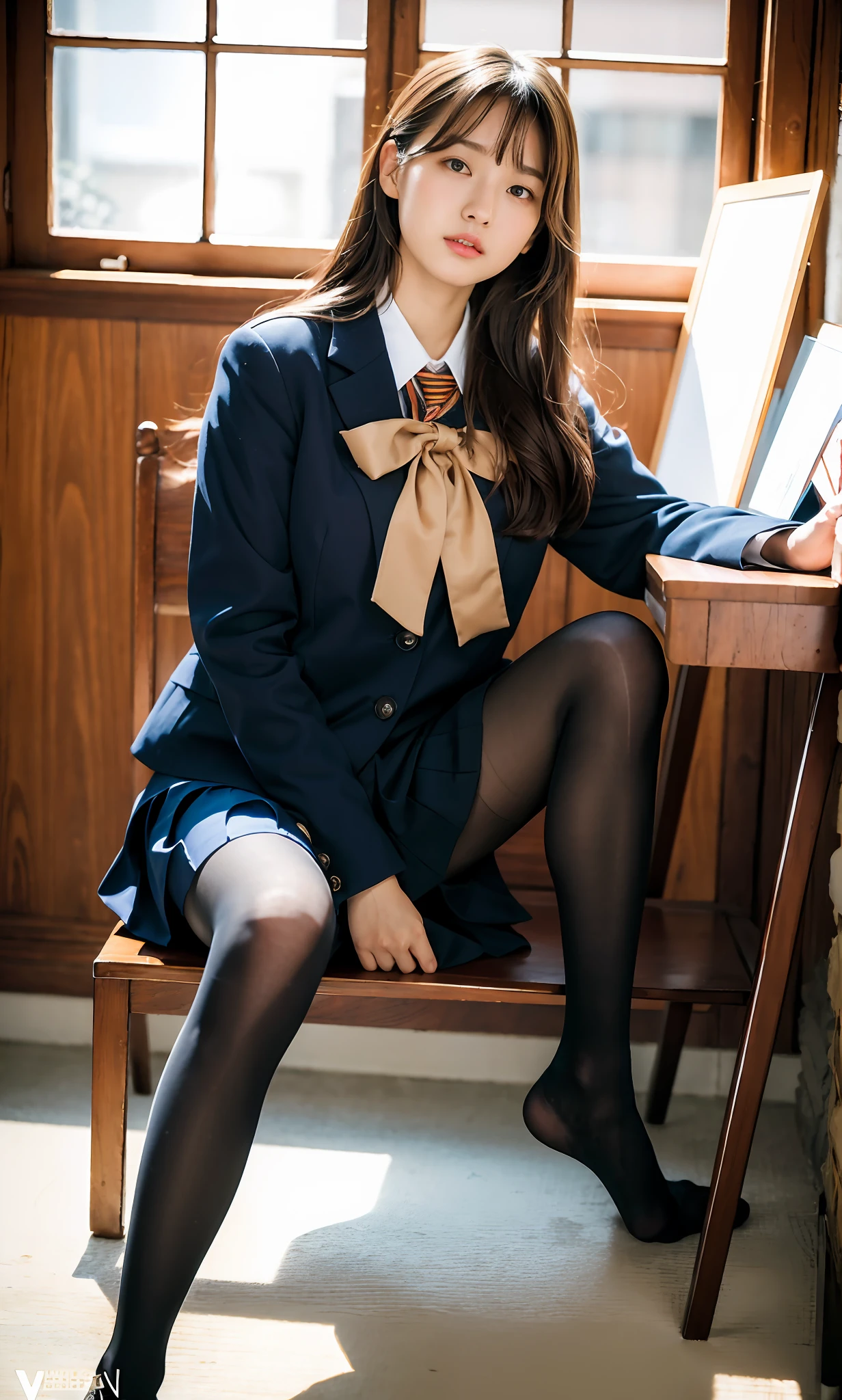 ulzzang-6500-v1.1, (raw photo:1.2), (photorealistic:1.4), beautiful detailed girl, very detailed eyes and face, beautiful detailed eyes, ridiculous, incredibly ridiculous, huge file size, super detailed, high resolution, very detailed, best quality, masterpiece, kemomimi, ((Japanese girls' high school uniform)), illustration, very detailed, CG, unified, 8k wallpaper, amazing, Fine details, masterpiece, best quality, very detailed CG uniform 8k wallpaper, light on face, cinematic lighting, 1girl, 16 years old, ((no panties)), ((dynamic pose))), (camel toe), (half), (pantyhose), (knee-bending leg sitting))