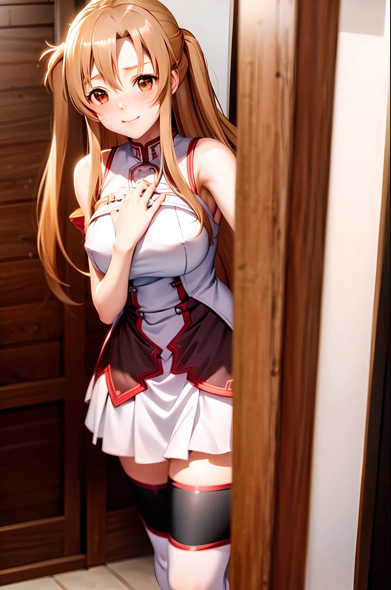 Asuna, ((blushing face)), smiling, ((grabbing breasts))