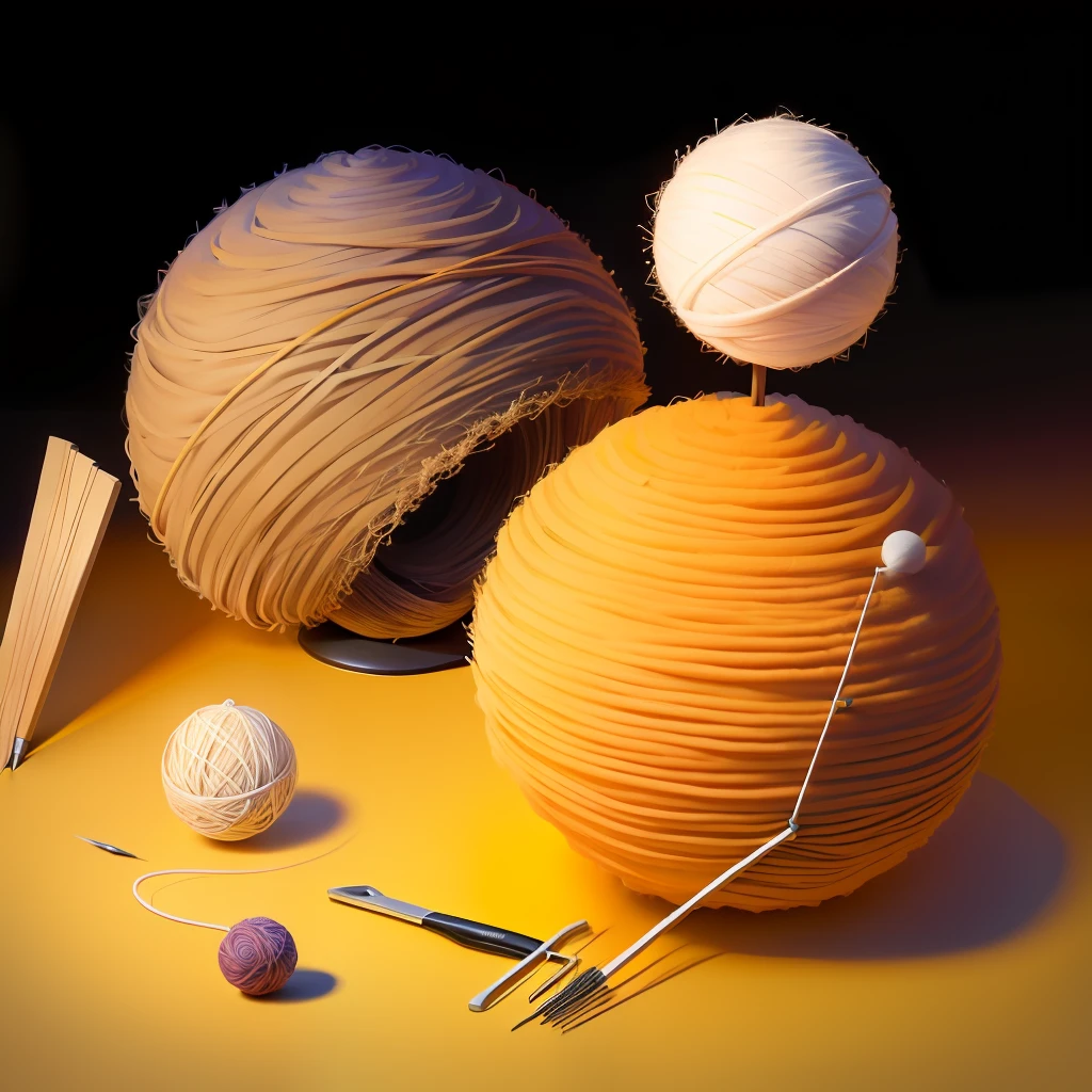 an anthill in shape of a big yarn ball with knitting needles and crochet hooks around
