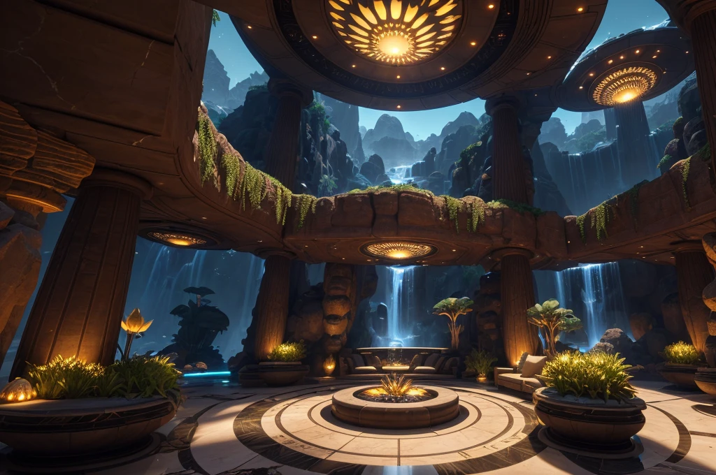 incredible luxurious futuristic interior in Ancient Egyptian style with many lush plants (lotus flowers:1.5, palm trees:2, rocky walls, sand:1.5, waterfalls:1.2) marble, precious minerals: 2, metals, gemstones, crystals, clouds and water, curvy futuristic furniture, crocodiles, hieroglyphics: 1.5, ultra luxury:2, black marble – with beautiful lights:1.5, Unreal Engine, HQ, 16k