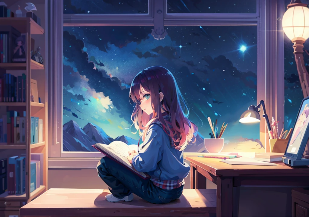 Black anime girl sitting at a table reading a book in front of a window, anime style 4 k, anime art wallpaper 4 k, anime art wallpaper 4k, anime art wallpaper 8 k, anime anime wallpaper, manga wallpaper 4 k, anime wallpaper 4k,  4k anime wallpaper, anime background art, anime girl desktop background, anime background, anime art style