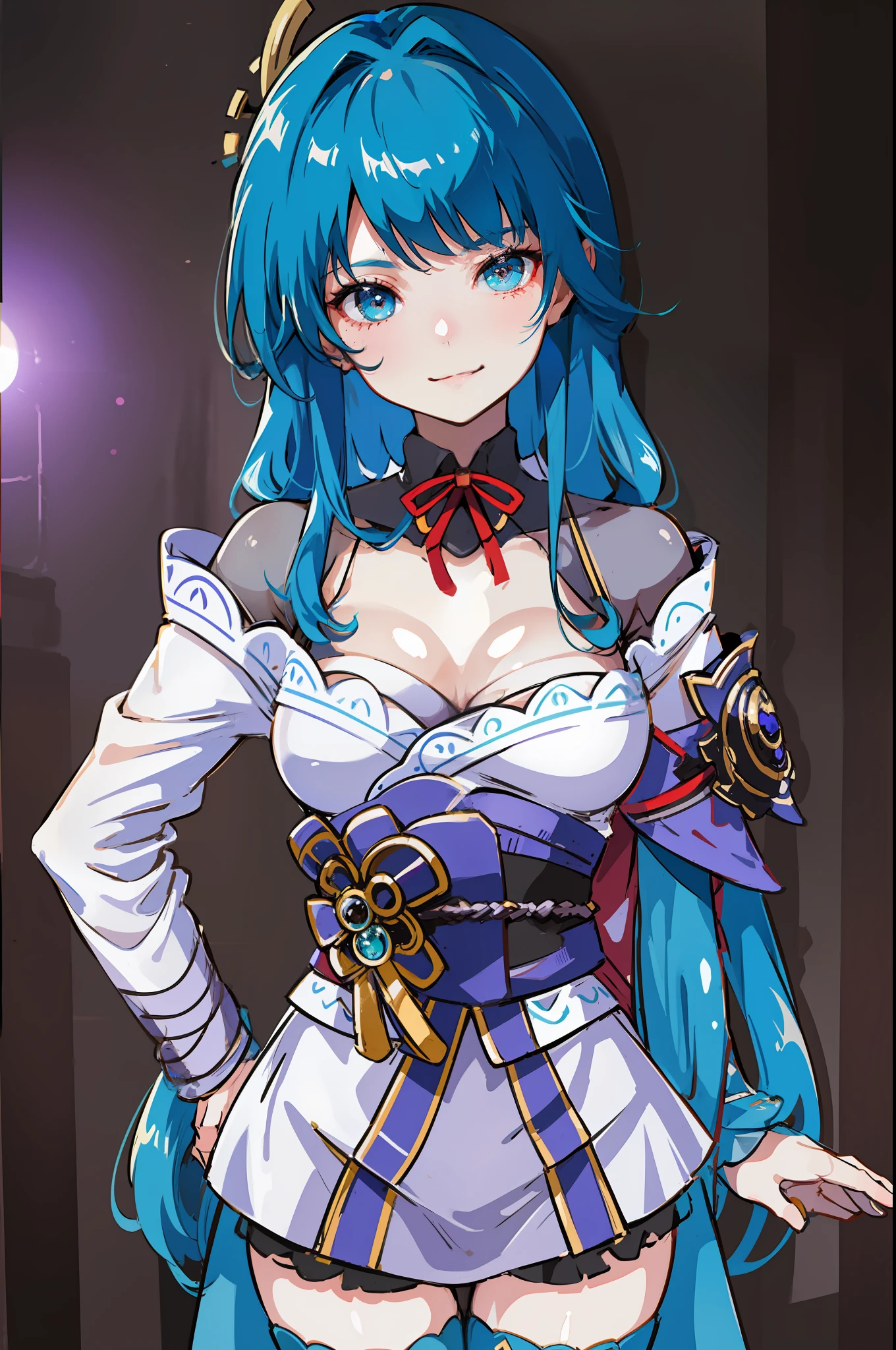 {evil smile},professional shot, cute young woman, slender body, medium round breasts, European face, ((turquoise hair)), white apron, black maid uniform, holding a tray with cake, standing near the bar counter, bakery background, Adobe Lightroom,{evil smile},
