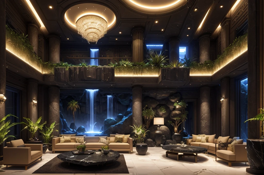 incredible luxurious futuristic living room interior in Ancient Egyptian style with many lush plants (lotus flowers:1.5, palm trees:2, rocky walls, sand:1.5, waterfalls:1.2) marble, precious minerals: 2, metals, gemstones, crystals, clouds and water, curvy futuristic furniture, crocodiles, hieroglyphics: 1.5, ultra luxury:2, black marble – with beautiful lights:1.5, Unreal Engine, HQ, 16k