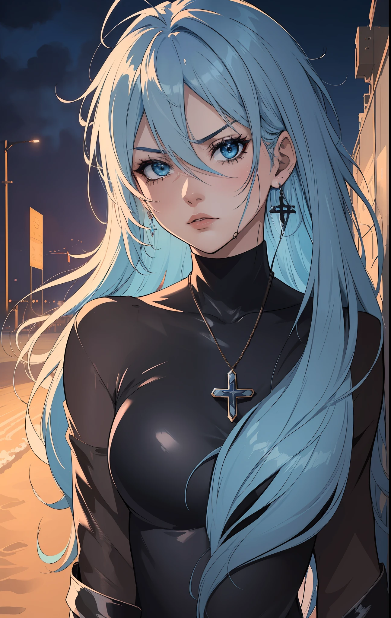 ((((dramatic))), (((gritty))), (((intense))),anime character,1girl,solo,light blue hair,long straight hair,hair covering eye's, wearing cross earrings,wearing a turtle neck, beautiful face, beautiful eye's, vibrant colors, night, highest quality digital art,beach,water splash art, Stunning art, wallpaper 4k,8k,64k, HD, unparalleled masterpiece, dynamic lighting, cinematic, epic