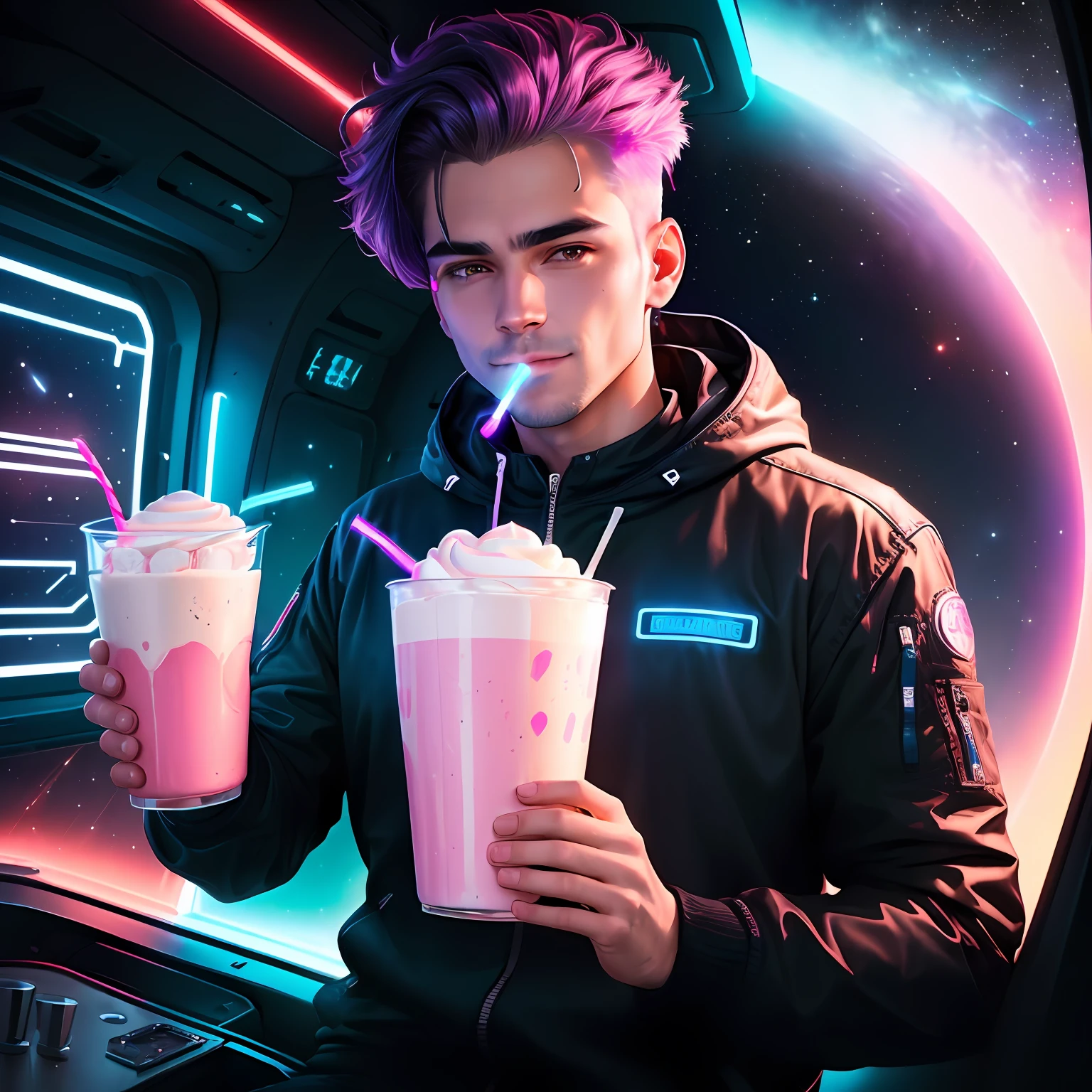 Man with half mechanical face in scheme with neon lights flying in space while taking a milkshake