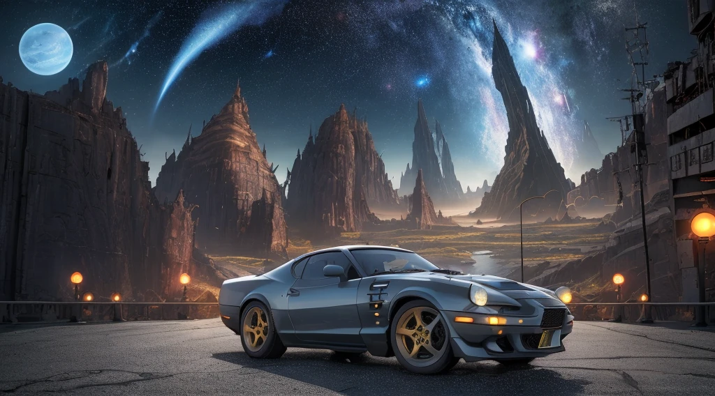 high quality, masterpiece, driving vehicle, highway, swirls and fractals, space time continuum elden ring, hellfire, meteor, cosmos, the unknown, Berserk, the apocalypse, dystopian cyberpunk, background art, navy, boats, landscape scenery, happy, joyful, blissful scenery, living forest, magical fantasy, deep groove haven, mystical fairies