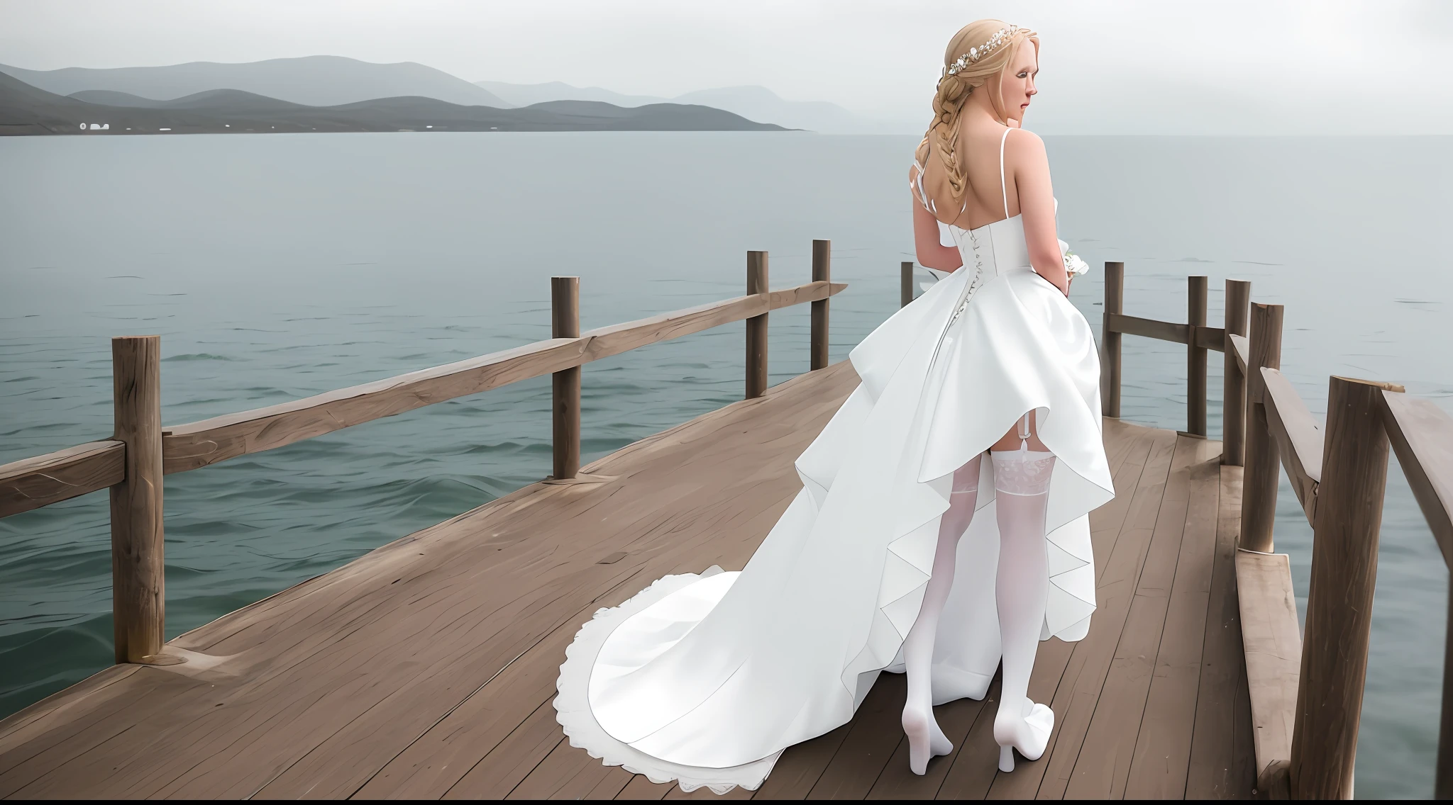 stunning photograph of a beautiful bride from behind, standing on a jetty from port, The bride wore a very short white shining latex skirt with garter belts for her socks and leather Top, skin of legs and thighs are visible, thighs are visible, blonde flat braid hair, looking to faraway, natural light, marine background, DSLR, 4k