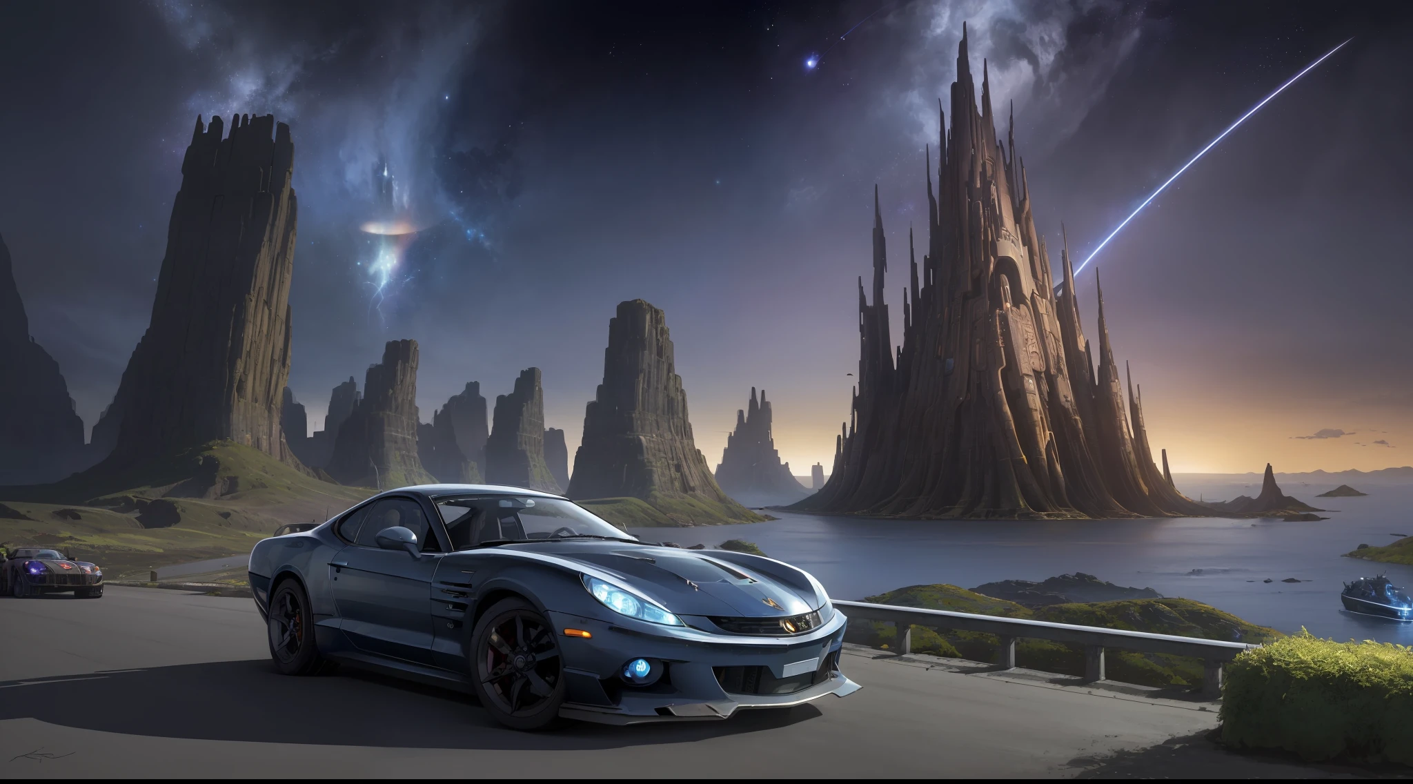 high quality, masterpiece, driving vehicle, highway, swirls and fractals, space time continuum elden ring, hellfire, meteor, cosmos, the unknown, Berserk, the apocalypse, dystopian cyberpunk, background art, navy, boats, landscape scenery, happy, joyful, blissful scenery, living forest, magical fantasy, deep groove haven, mystical fairies