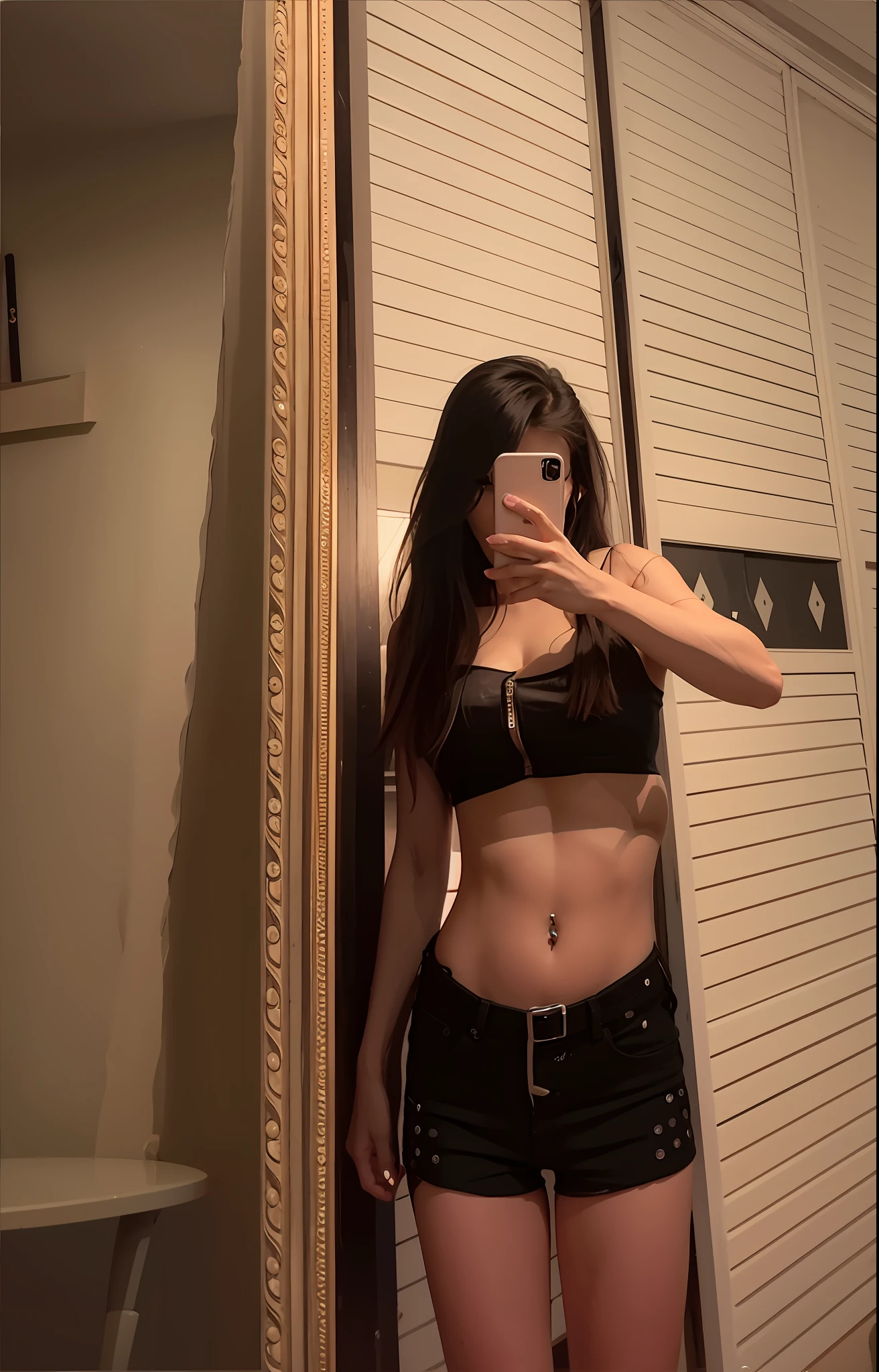there is a woman taking a selfie in front of a mirror, 2 4 year old female model, fit pic, half body cropping, photo of slim girl, her belly button is exposed, tinyest midriff ever, belly button showing, beautiful midriff, 2 , croptop, 1 8 yo, wearing a sexy cropped top