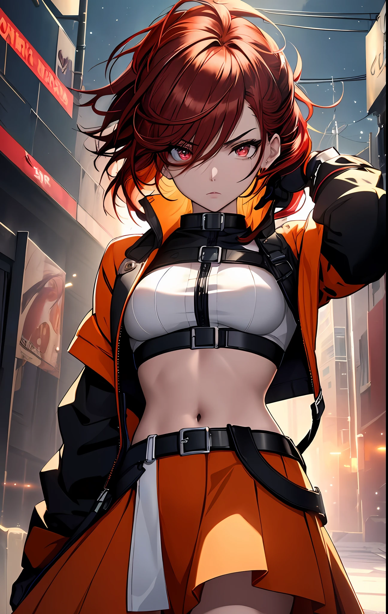 ((((dramatic))), (((gritty))), (((intense))),anime character,1girl,solo,dark red hair,tied up hairstyle, wearing gloves,wearing a crop top,wearing a skirt, modern art,hair covering eye's,, beautiful face, beautiful eye's, vibrant colors, night, highest quality digital art, Stunning art, wallpaper 4k,8k,64k, HD, unparalleled masterpiece, dynamic lighting, cinematic, epic