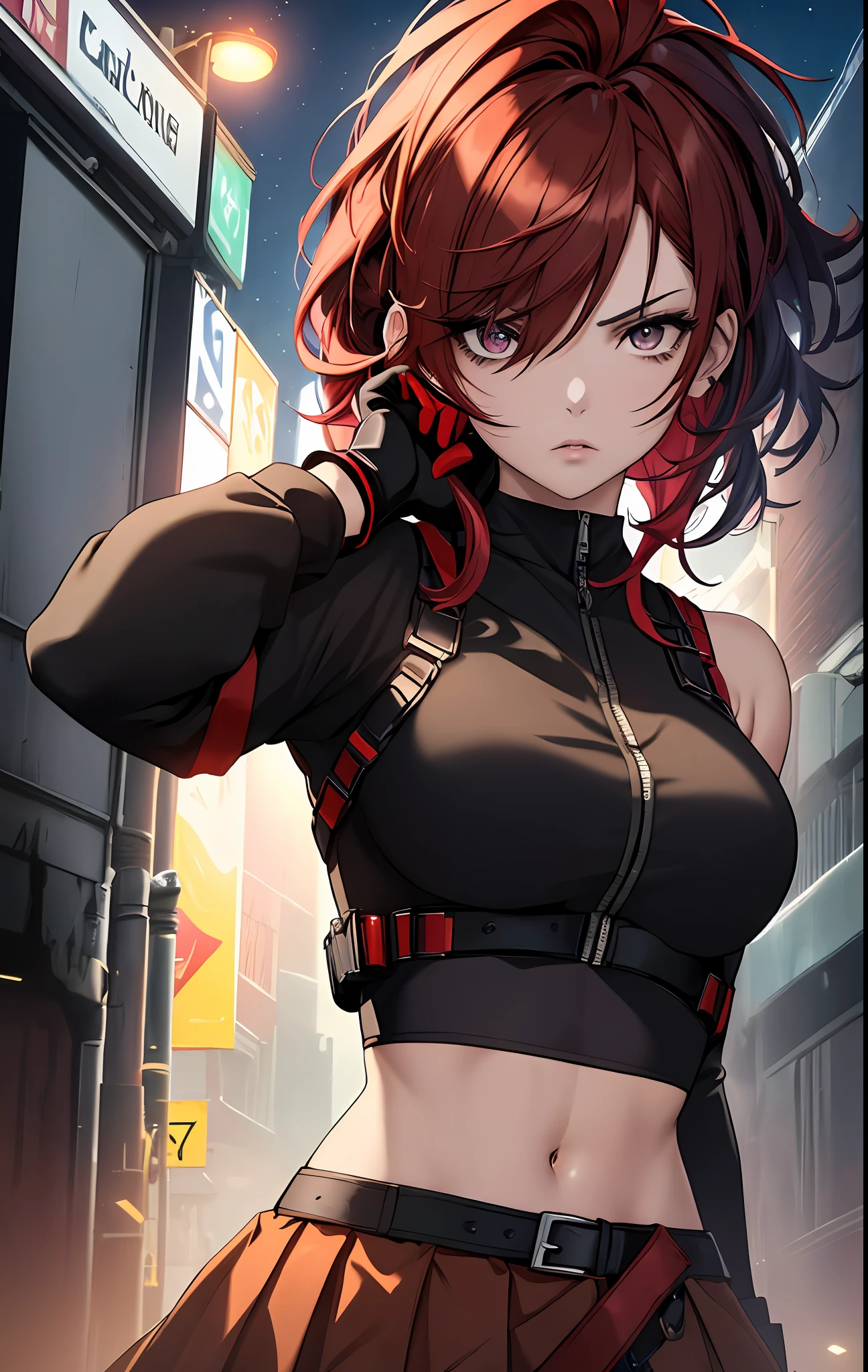 ((((dramatic))), (((gritty))), (((intense))),anime character,1girl,solo,dark red hair,tied up hairstyle, wearing gloves,wearing a crop top,wearing a skirt, modern art,hair covering eye's,, beautiful face, beautiful eye's, vibrant colors, night, highest quality digital art, Stunning art, wallpaper 4k,8k,64k, HD, unparalleled masterpiece, dynamic lighting, cinematic, epic