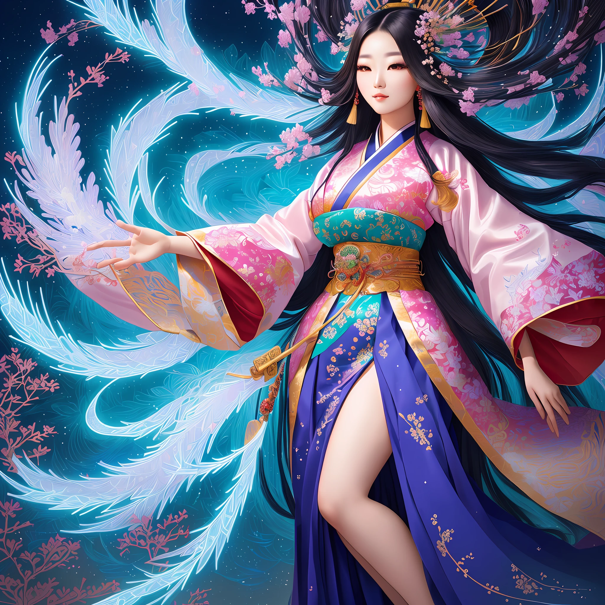 extremely detailed illustration of a incredibly beautiful korean woman in a detailed hanbok with long hair floating, curvy full body, asian style, intricately detailed fantasy korean pine tree garden, magical lights surrounding her, tetrad colors, color strokes, 16k resolution or higher, sharp focus, five finger hands