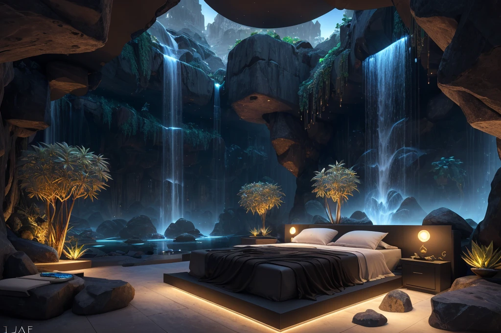 incredible luxurious futuristic bedroom interior in Ancient Egyptian style with many lush plants (lotus flowers:1.5, palm trees:2, rocky walls, sand:1.5, waterfalls:1.2) marble, precious minerals: 2, metals, gemstones, crystals, clouds and water, (curvy futuristic furniture), crocodiles, hieroglyphics: 1.5, ultra luxury:2, black marble – with beautiful lights:1.5, Unreal Engine, HQ, 16k