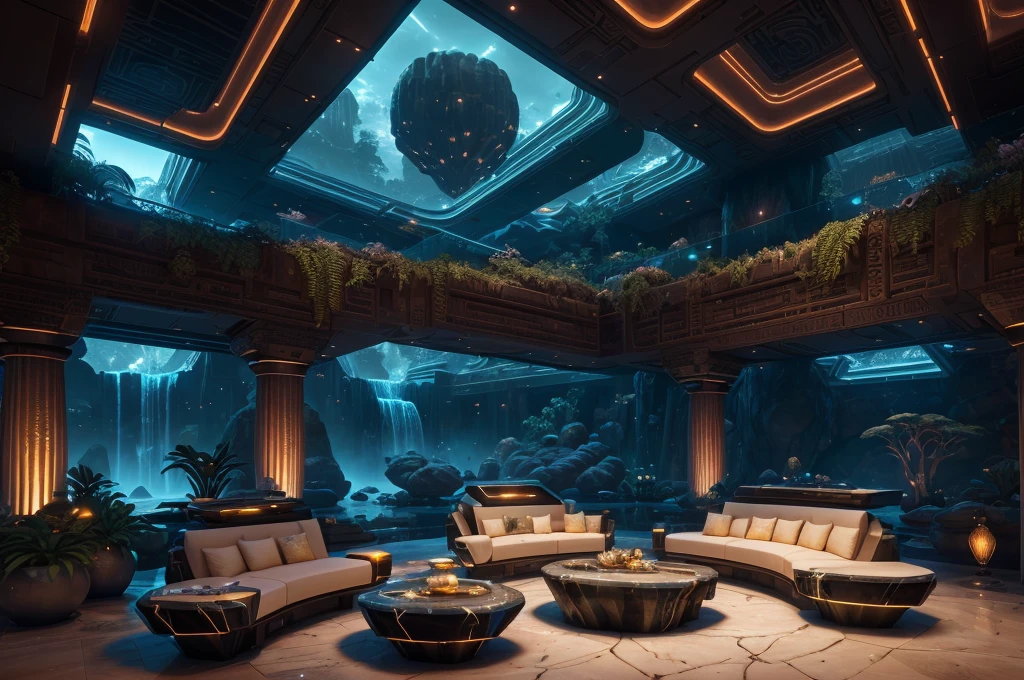 incredible luxurious futuristic interior in Ancient Egyptian style with many lush plants (lotus flowers:1.5, palm trees:2, rocky walls, sand:1.5, waterfalls:1.2) marble, precious minerals: 2, metals, gemstones, crystals, clouds and water, ((curvy futuristic furniture)), crocodiles, hieroglyphics: 1.5, ultra luxury:2, black marble – with beautiful lights:1.5, Unreal Engine, HQ, 16k