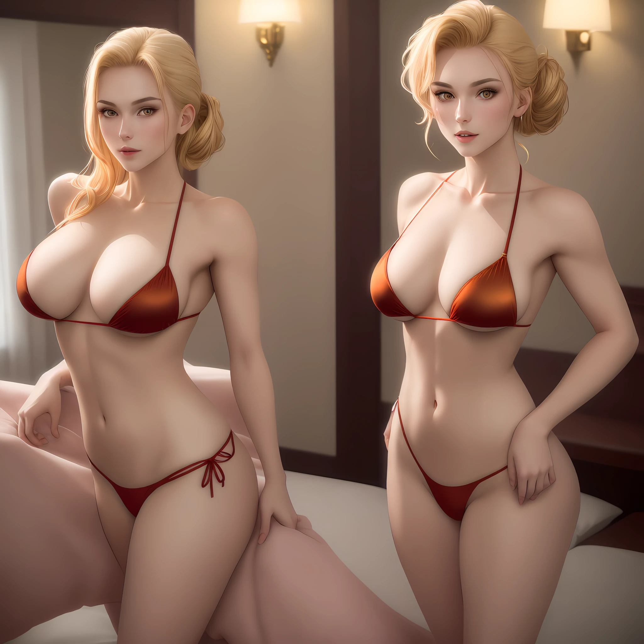 Upscale
Upscale originality
Variations
Prompts
Photo of a French woman. Fit guy. 22 years old, sharp chin, photography, raw photo, masterpiece, extremely detailed photo, DSLR, photorealistic 1.4, ultra hi res, best quality, full body image, tall, toned, agitated, micro red bikini, bright blonde hair pulled back in messy bun, bright golden eyes, iris gold, pale skin, posing seductively, dynamic pose, in golden hotel room,  large breasts, neckline