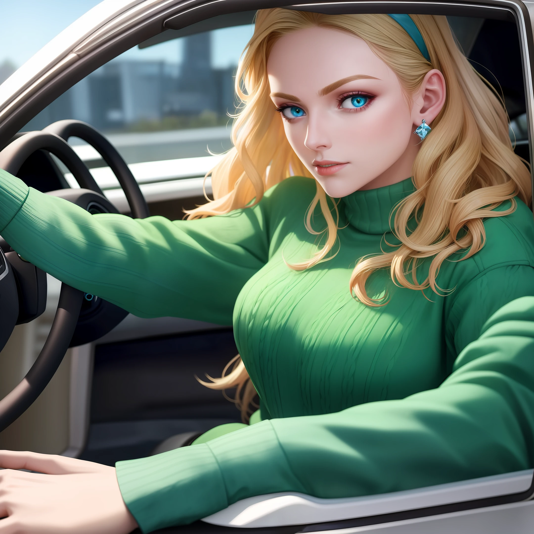 (dramatic illumination, dynamic angle, intense color contrast), [teen girl with wavy blond hair held back by hairband, blue eyes: 1.2), (at the wheel of a white car, viewed through the windshield: 1.2), (wearing green sweater, 1.1), (wearing diamond jewelry: 1.1)]