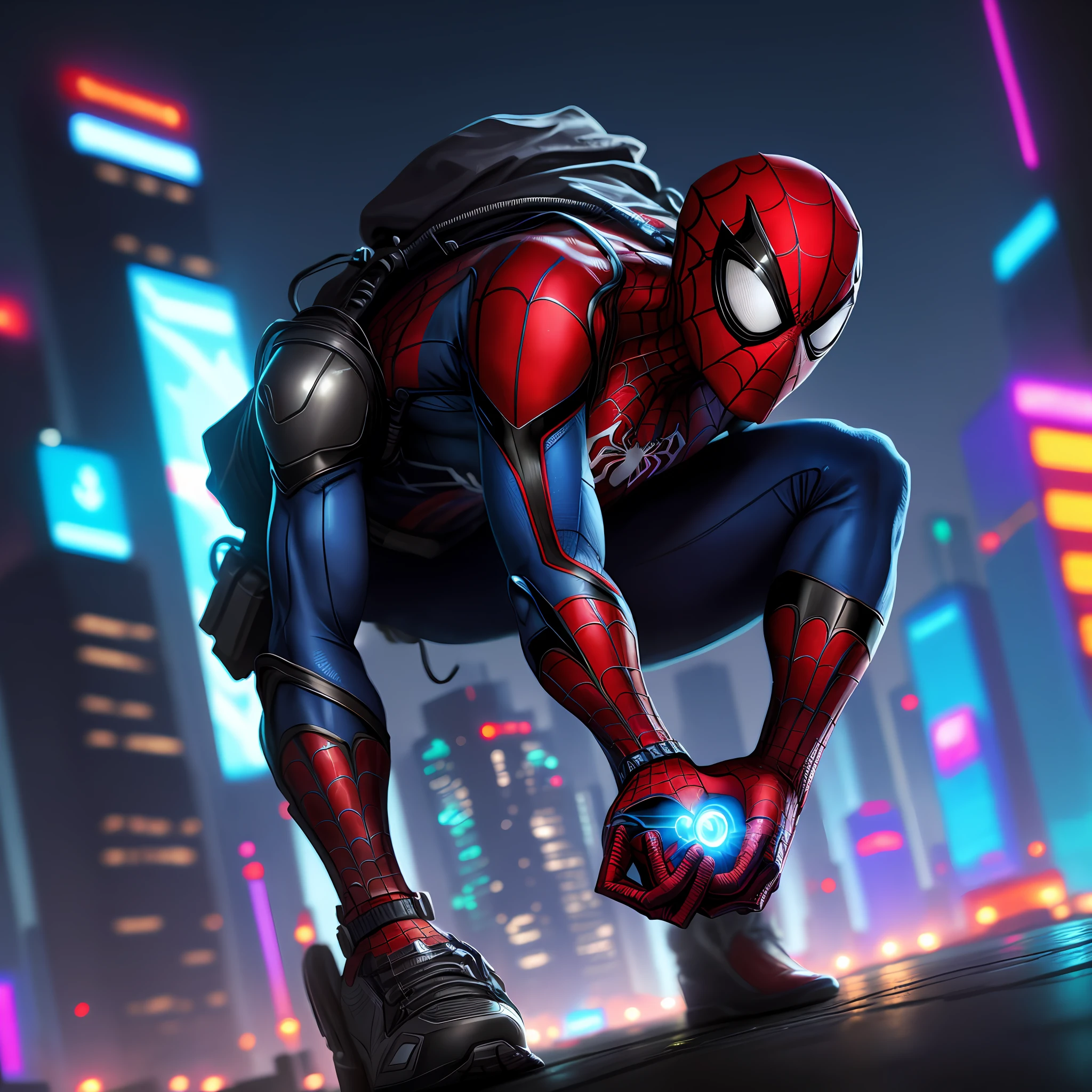 Spiderman with his hand on the ground, on his knees and looking forward, cyberpunk city background, vivid colors, 8k quality, cinematic focus, lighting