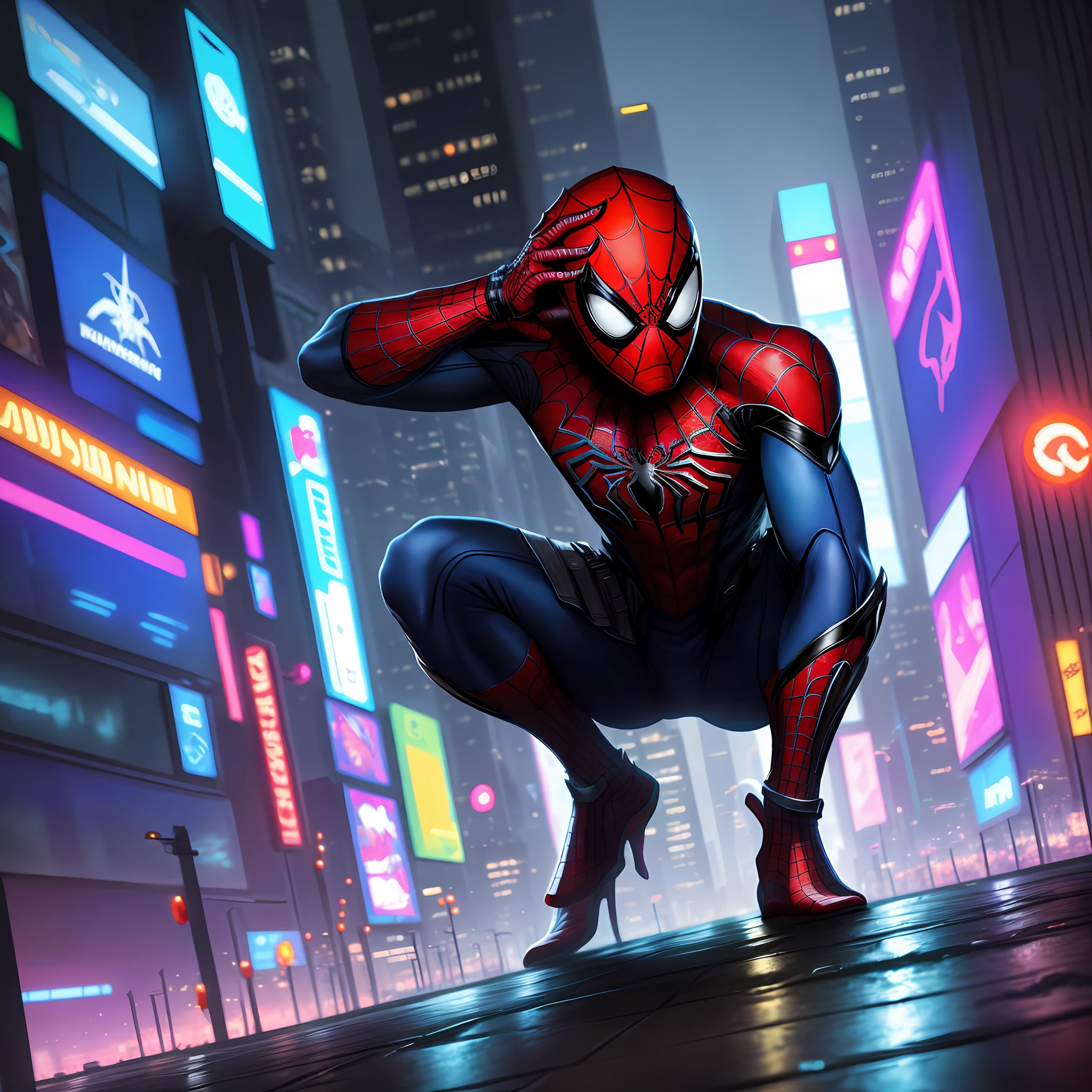 Spiderman with his hand on the ground, on his knees and looking forward, cyberpunk city background, vivid colors, 8k quality, cinematic focus, lighting