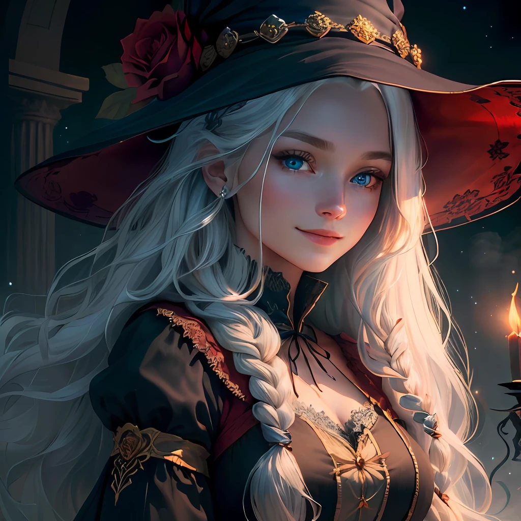 (extremely detailed CG unity 8k wallpaper, masterpiece, best quality, super detail), (charming and charming girl in a deep witch hat decorated with gorgeous golden braids and a charming red rose), (dynamic view, dazzling blue eyes, long silver hair: 1.3, exquisite collection, enchanting smile), (background of magic and mystery, firefly lights, glowing particles, ethereal fog and a shade of darkness), high saturation.
