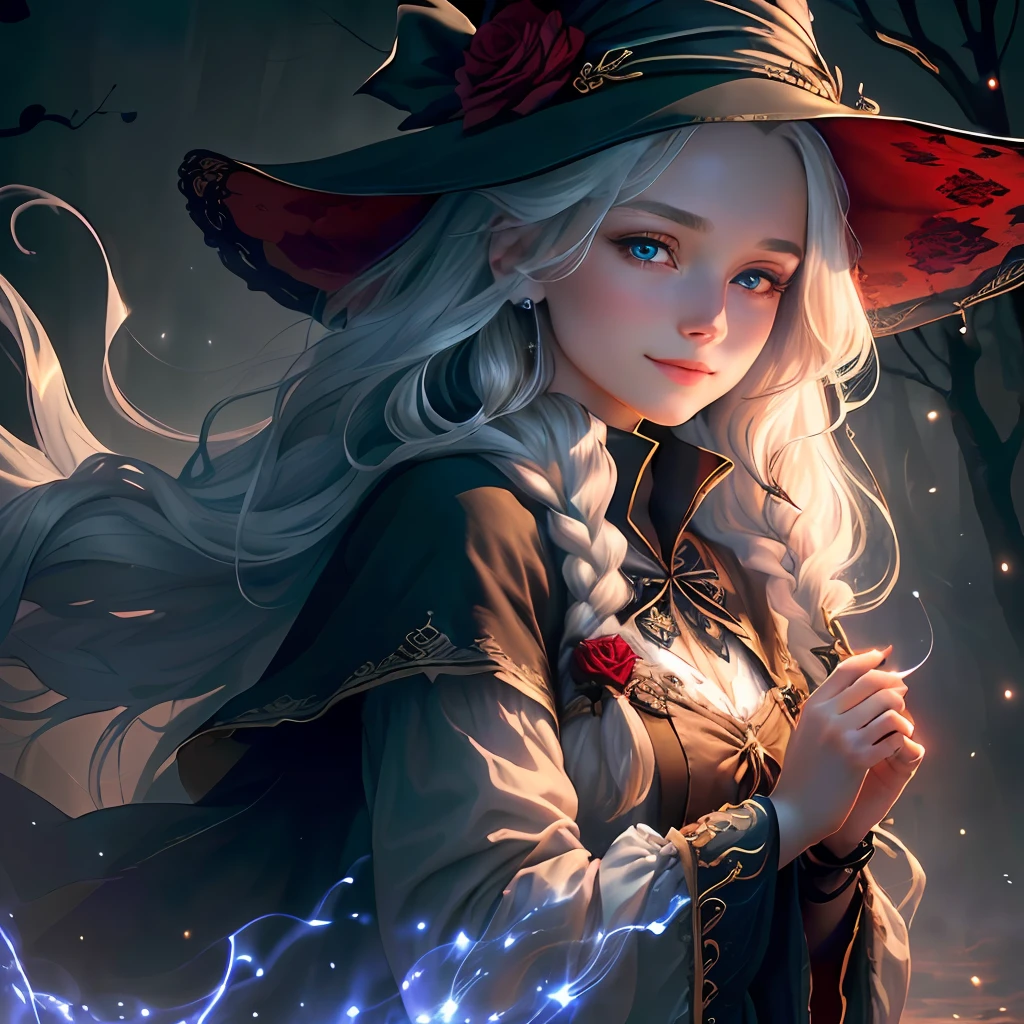 (extremely detailed CG unity 8k wallpaper, masterpiece, best quality, super detail), (charming and charming girl in a deep witch hat decorated with gorgeous golden braids and a charming red rose), (dynamic view, dazzling blue eyes, long silver hair: 1.3, exquisite collection, enchanting smile), (background of magic and mystery, firefly lights, glowing particles, ethereal fog and a shade of darkness), high saturation.