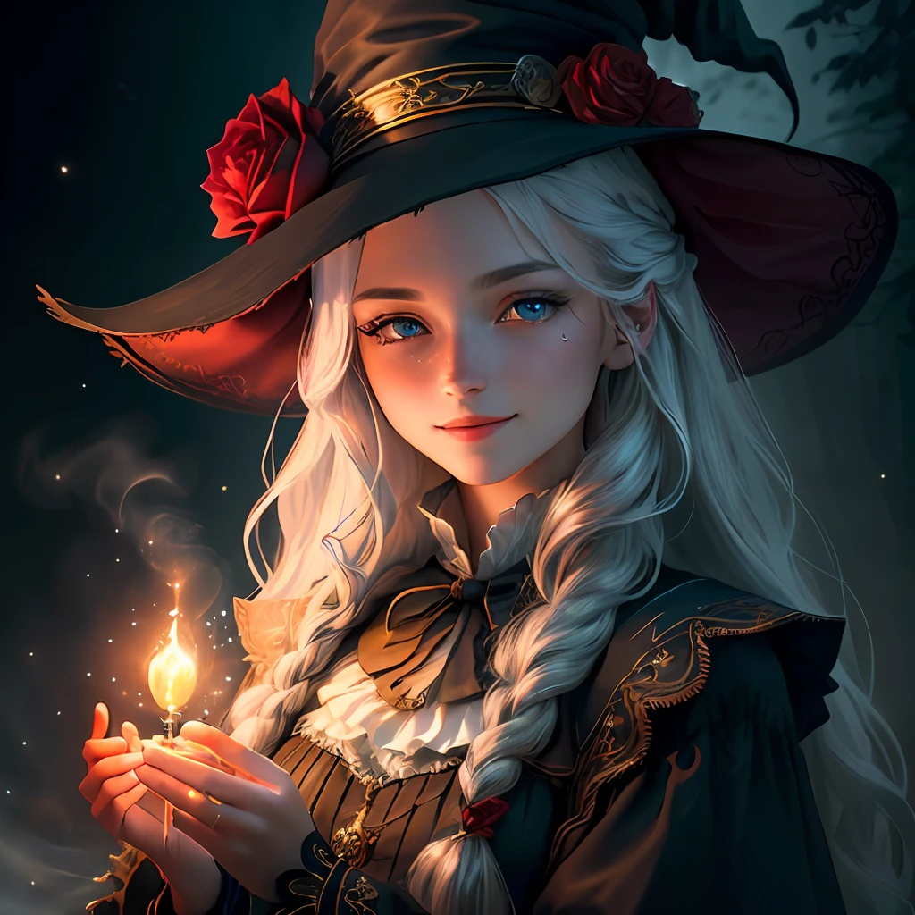 (extremely detailed CG unity 8k wallpaper, masterpiece, best quality, super detail), (charming and charming girl in a deep witch hat decorated with gorgeous golden braids and a charming red rose), (dynamic view, dazzling blue eyes, long silver hair: 1.3, exquisite collection, enchanting smile), (background of magic and mystery, firefly lights, glowing particles, ethereal fog and a shade of darkness), high saturation.