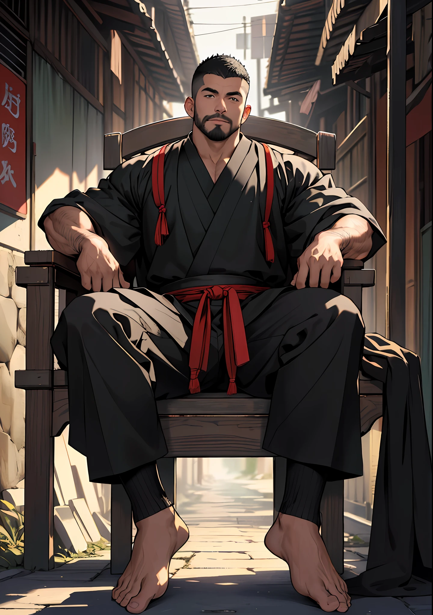 best quality, masterpiece, super high resolution, detailed background, realism, Illustrations, single, 1 boy, street, muscle, volumetric lighting, depth of field, facial hair, samurai, (crew cut), (black clothes), sitting on chair, barefoot, black socks