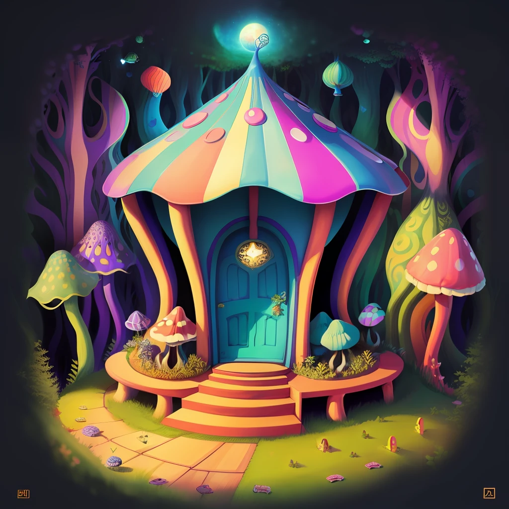 anthill deck of cards house with psychedelic muchrooms and catepillar Alice in Wonderland style