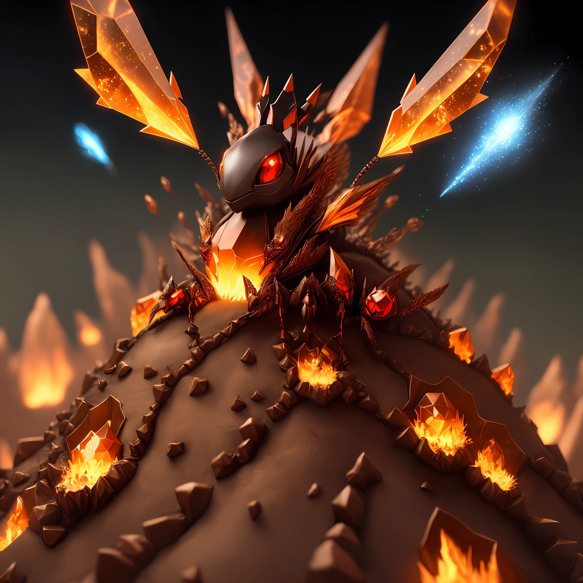 there is a very strange looking creature with red eyes on a hill, 3 d epic illustrations, 3d game art, 3 d game art, rendered in keyshot, detailed game art, stylized 3 d, fire golem creature, ultra detailed game art, stylized 3d render, dragon made out of molten lava, stuning fantasy 3 d render