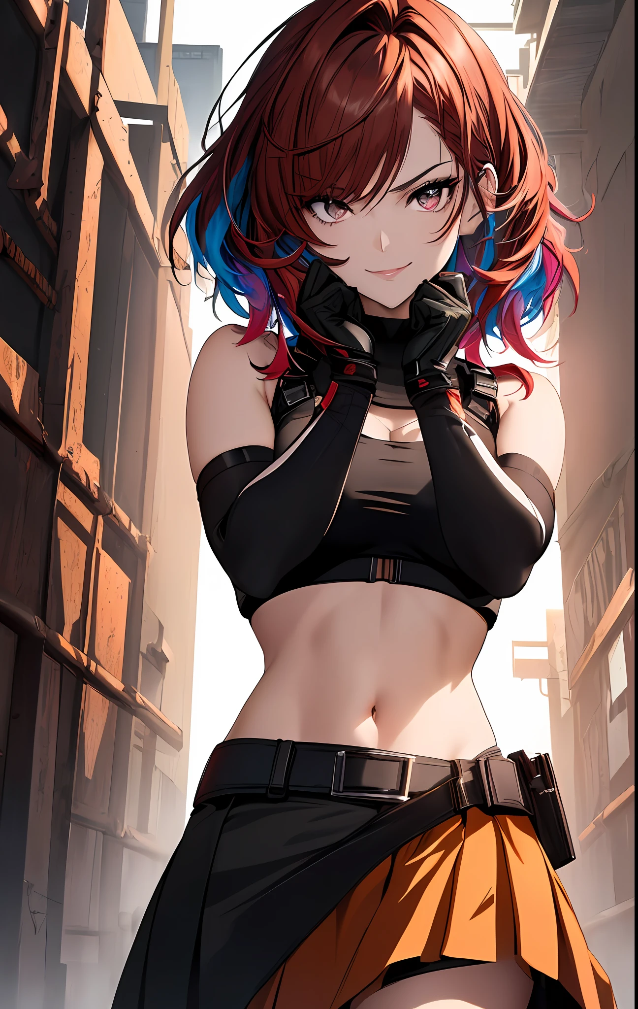 ((((dramatic))), (((gritty))), (((intense))),anime character,1girl,solo,dark red hair,tied up hairstyle, wearing gloves,wearing a crop top,wearing a skirt, modern art, fighting pose, smile, absolutely stunning eye's, hyper detailed, highest resolution,hair covering eye's,beautiful face, beautiful eye's, vibrant colors, night, highest quality digital art, Stunning art, wallpaper 4k,8k,64k, HD, unparalleled masterpiece, dynamic lighting, cinematic, epic